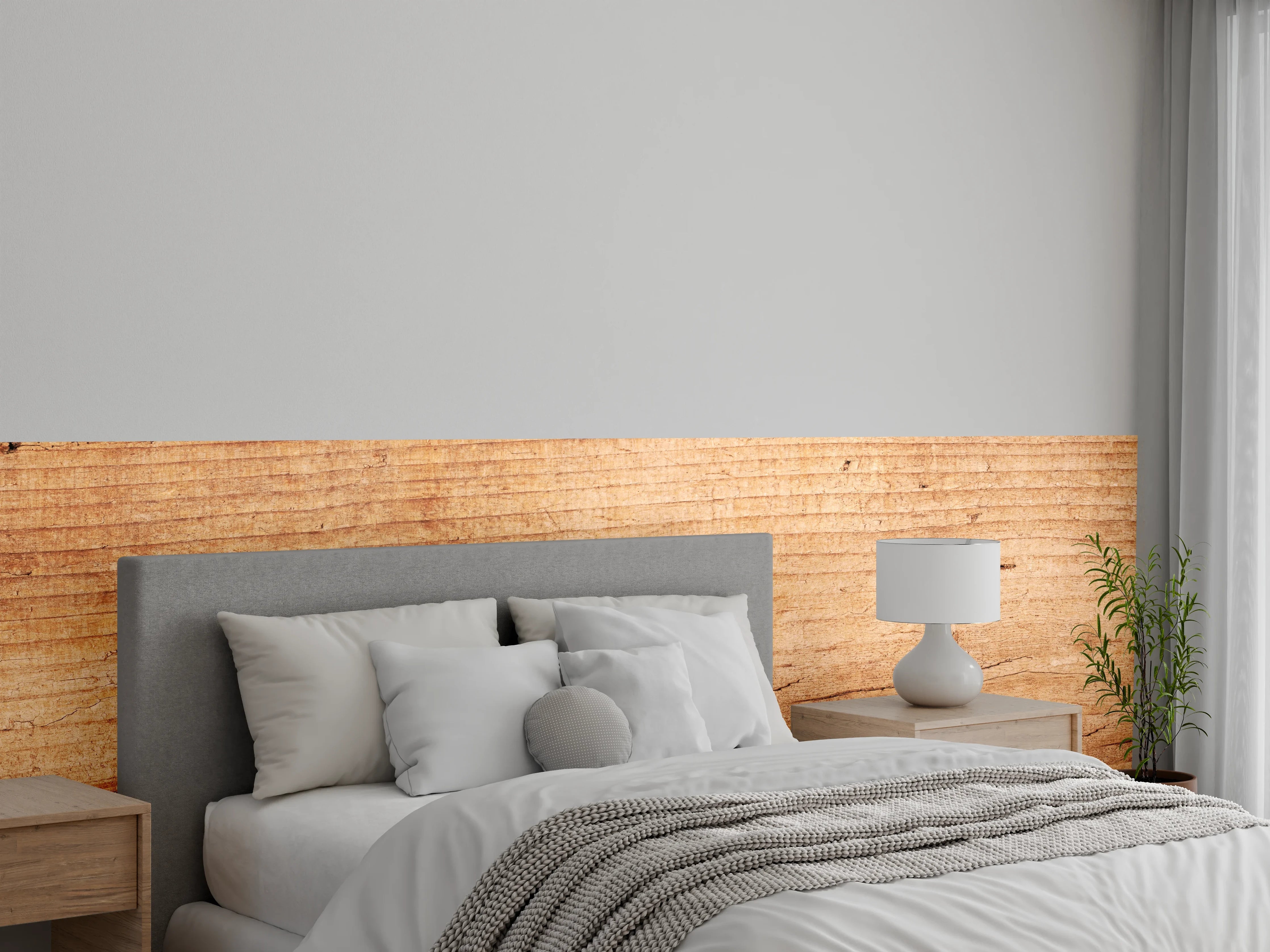 Wandverkleidung Schlafzimmer - Naturholztextur in warmen Tönen