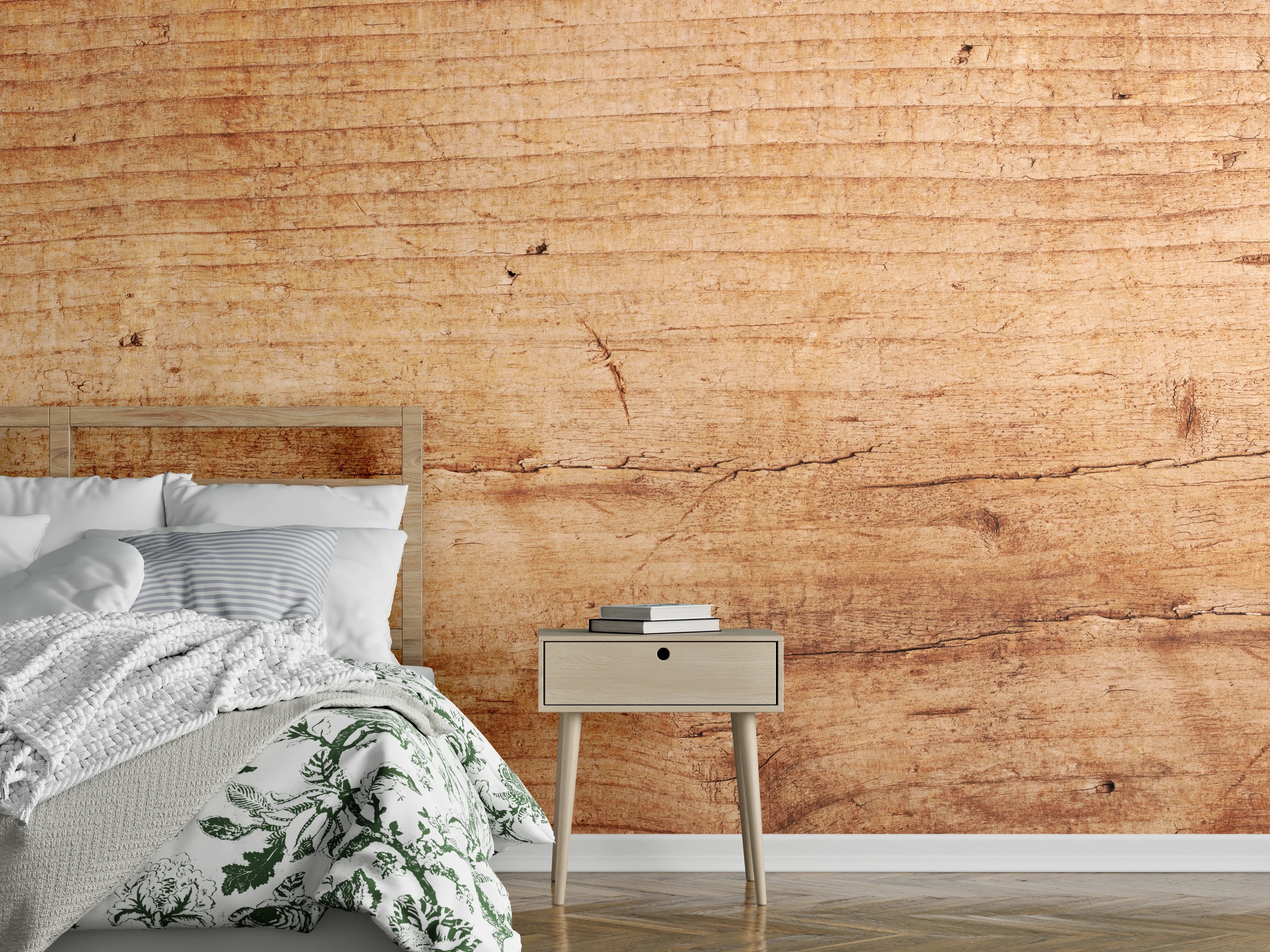 Wandverkleidung Schlafzimmer - Naturholztextur in warmen Tönen