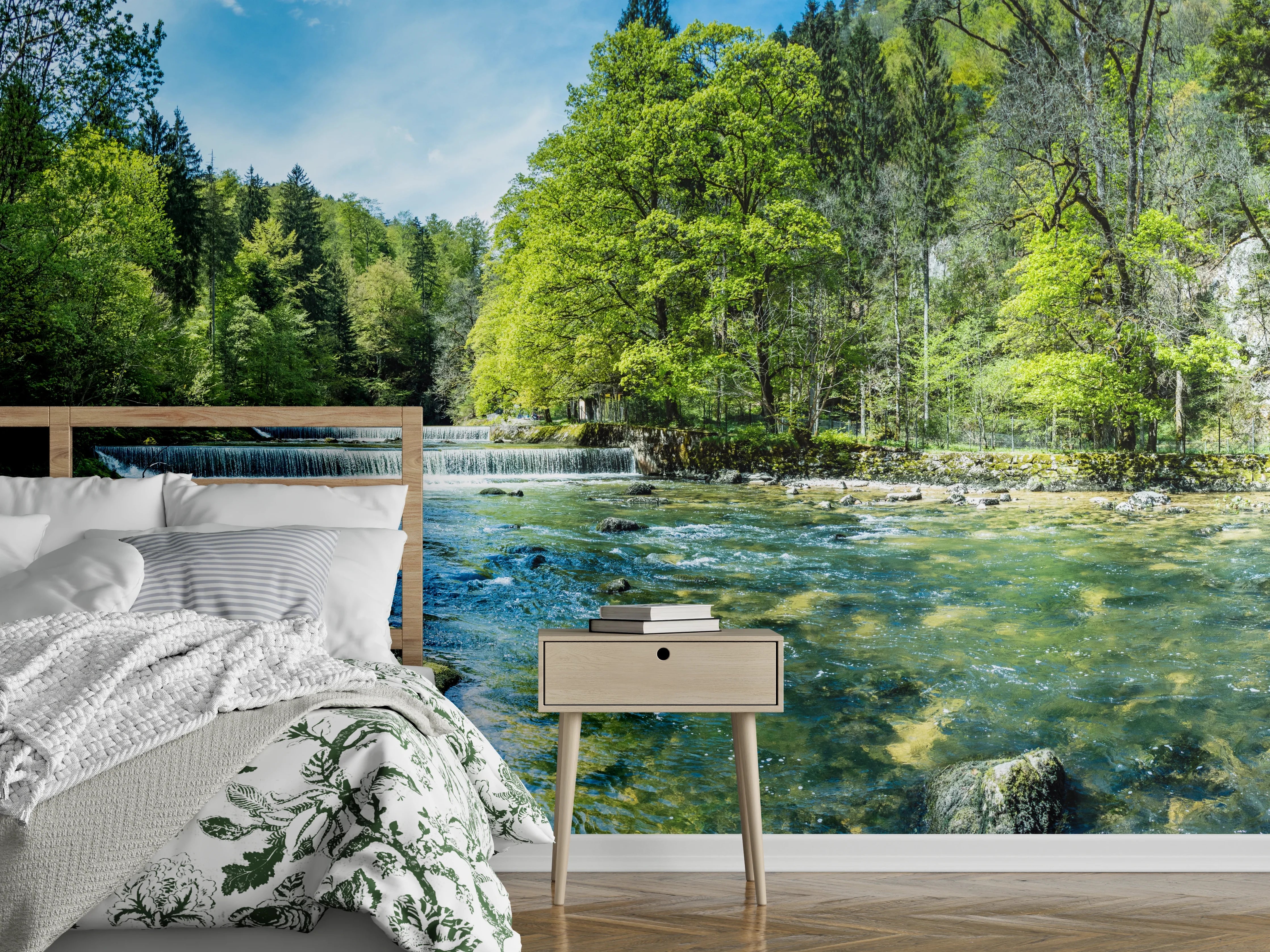 Wandverkleidung Schlafzimmer - Naturidyll am Fluss – Wald und Wasser