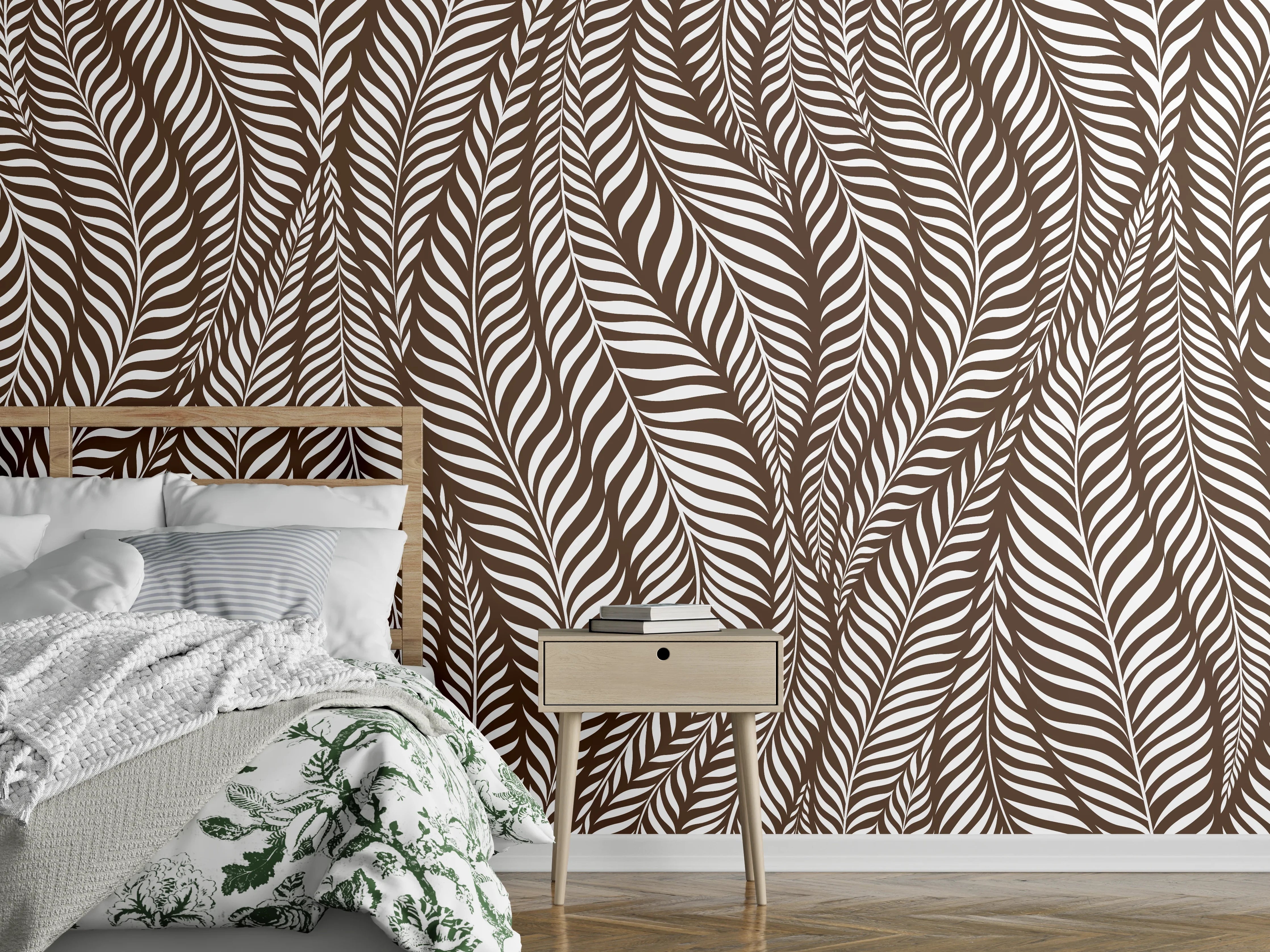 Wandverkleidung Schlafzimmer - Naturmuster: Braun-weißes Blätterdesign