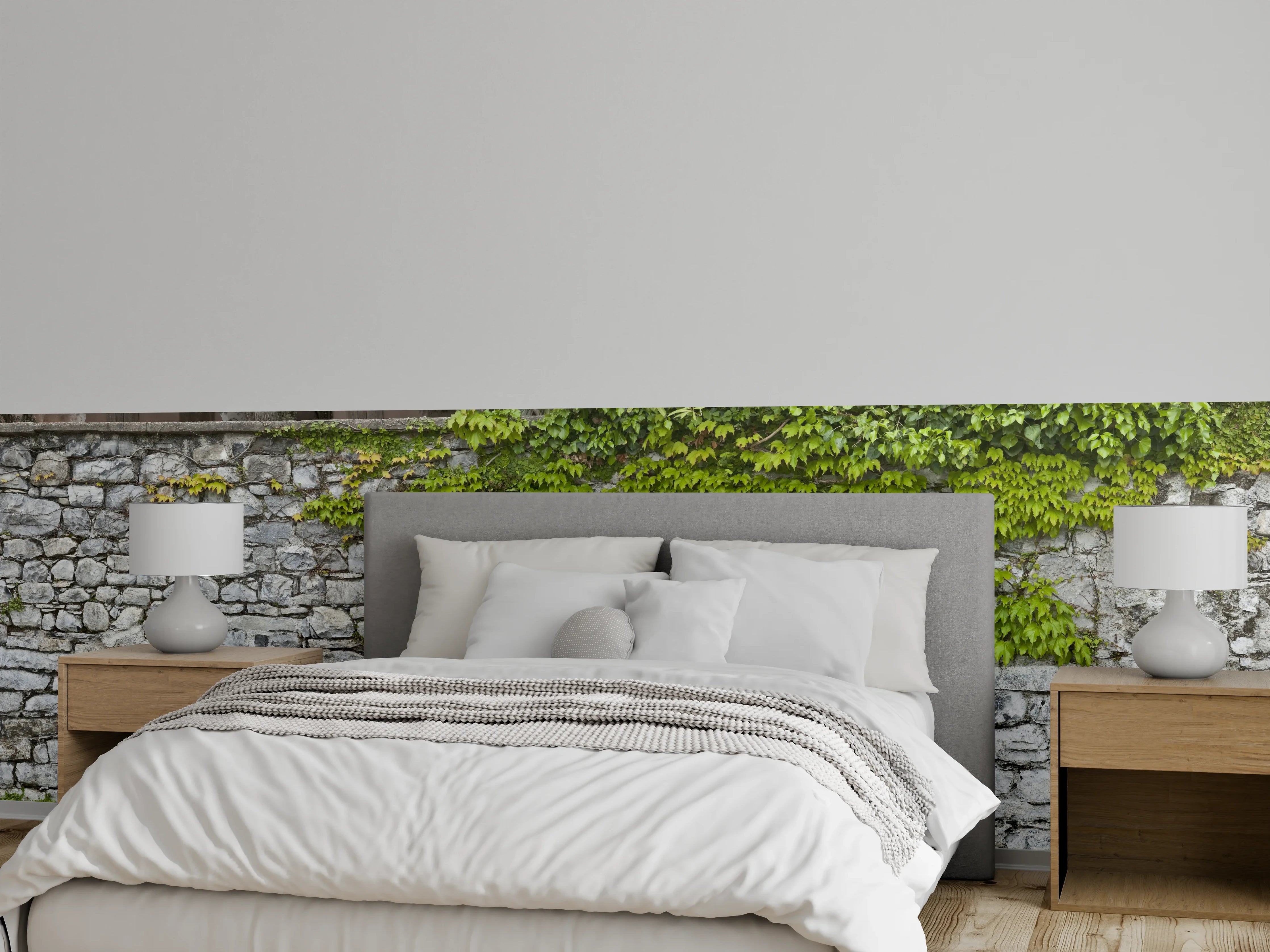 Wandverkleidung Schlafzimmer - Natursteinmauer mit Weinlaub