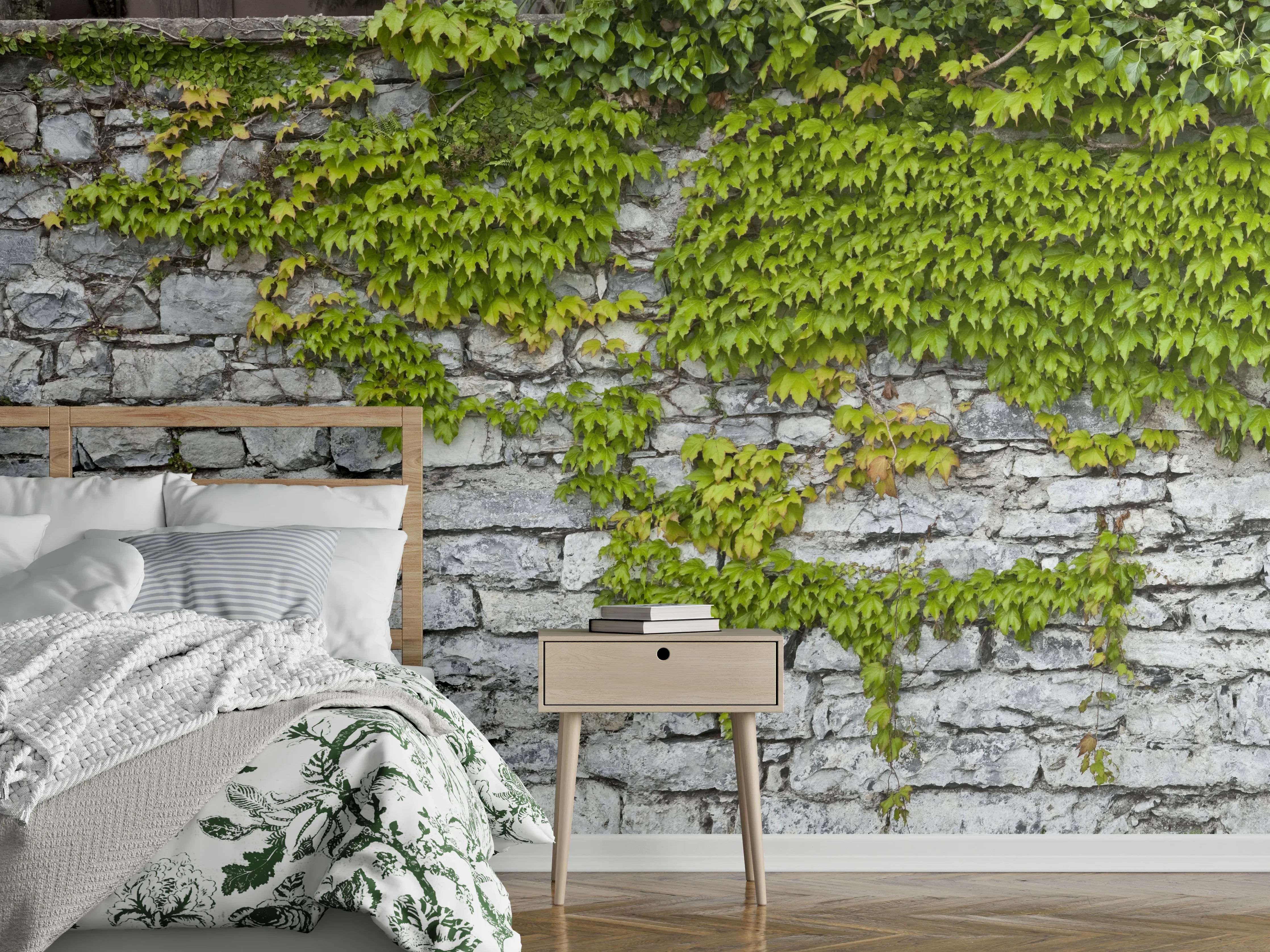 Wandverkleidung Schlafzimmer - Natursteinmauer mit Weinlaub