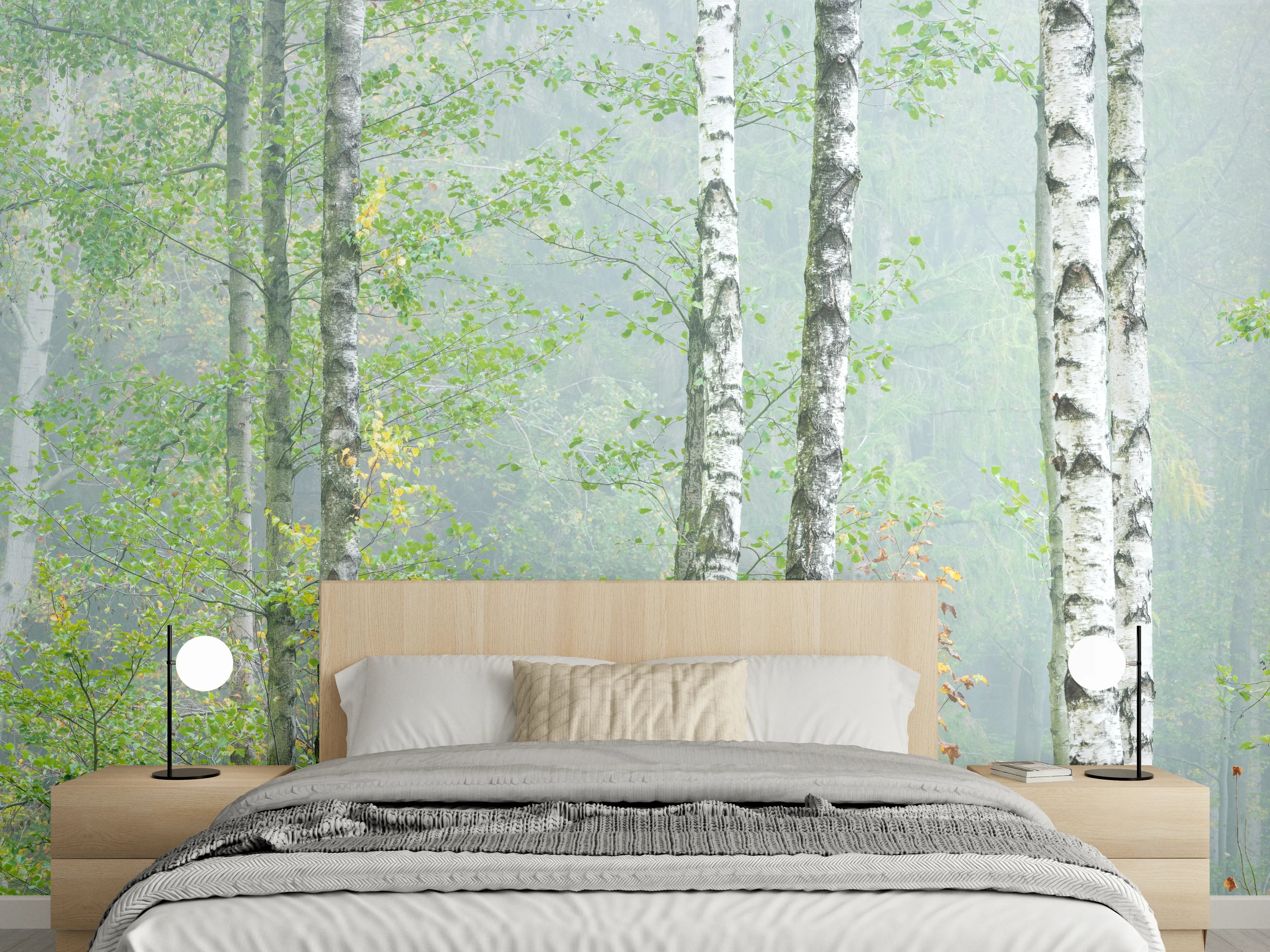 Wandverkleidung Schlafzimmer - Nebeliger Birkenwald