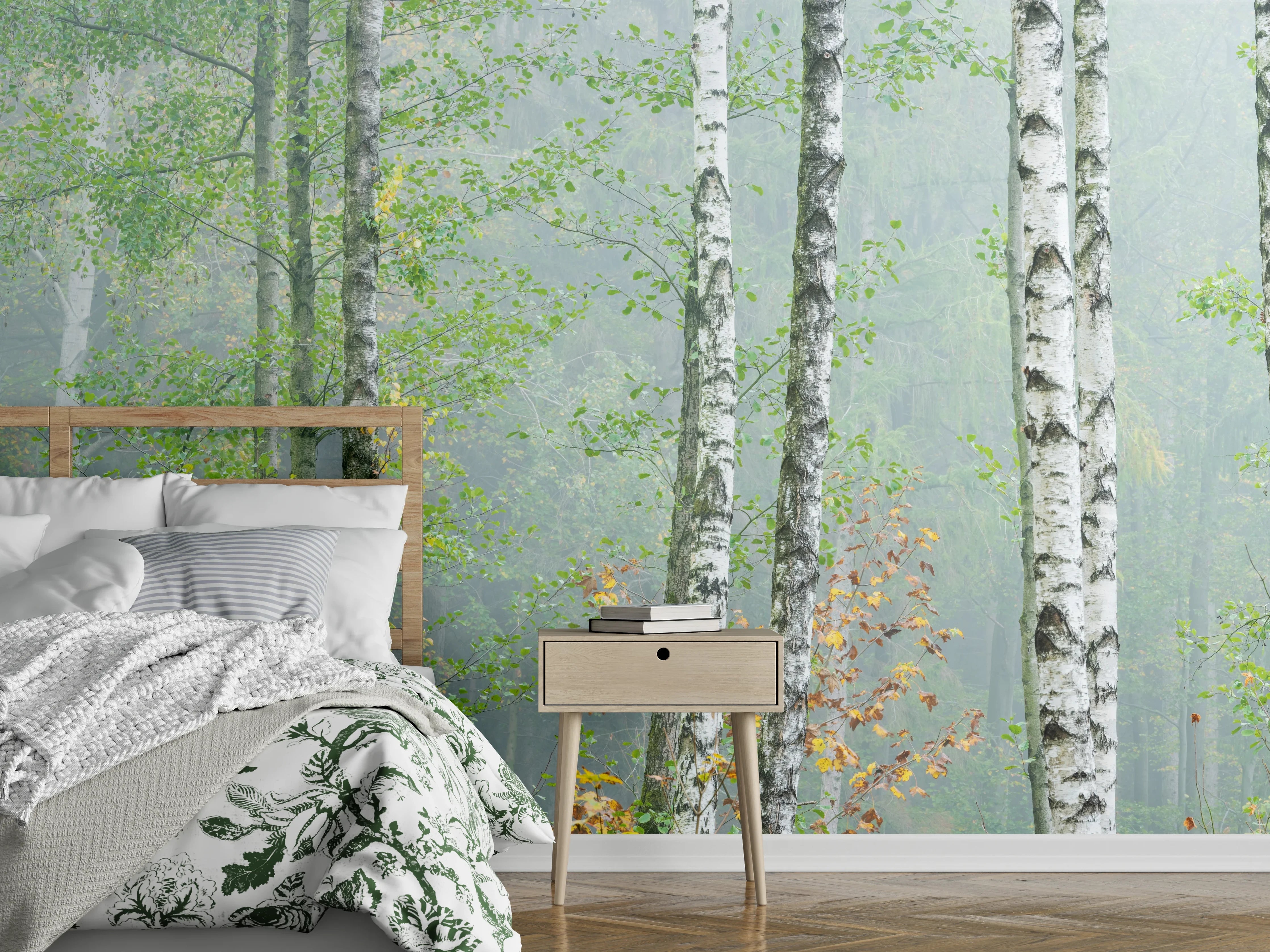 Wandverkleidung Schlafzimmer - Nebeliger Birkenwald
