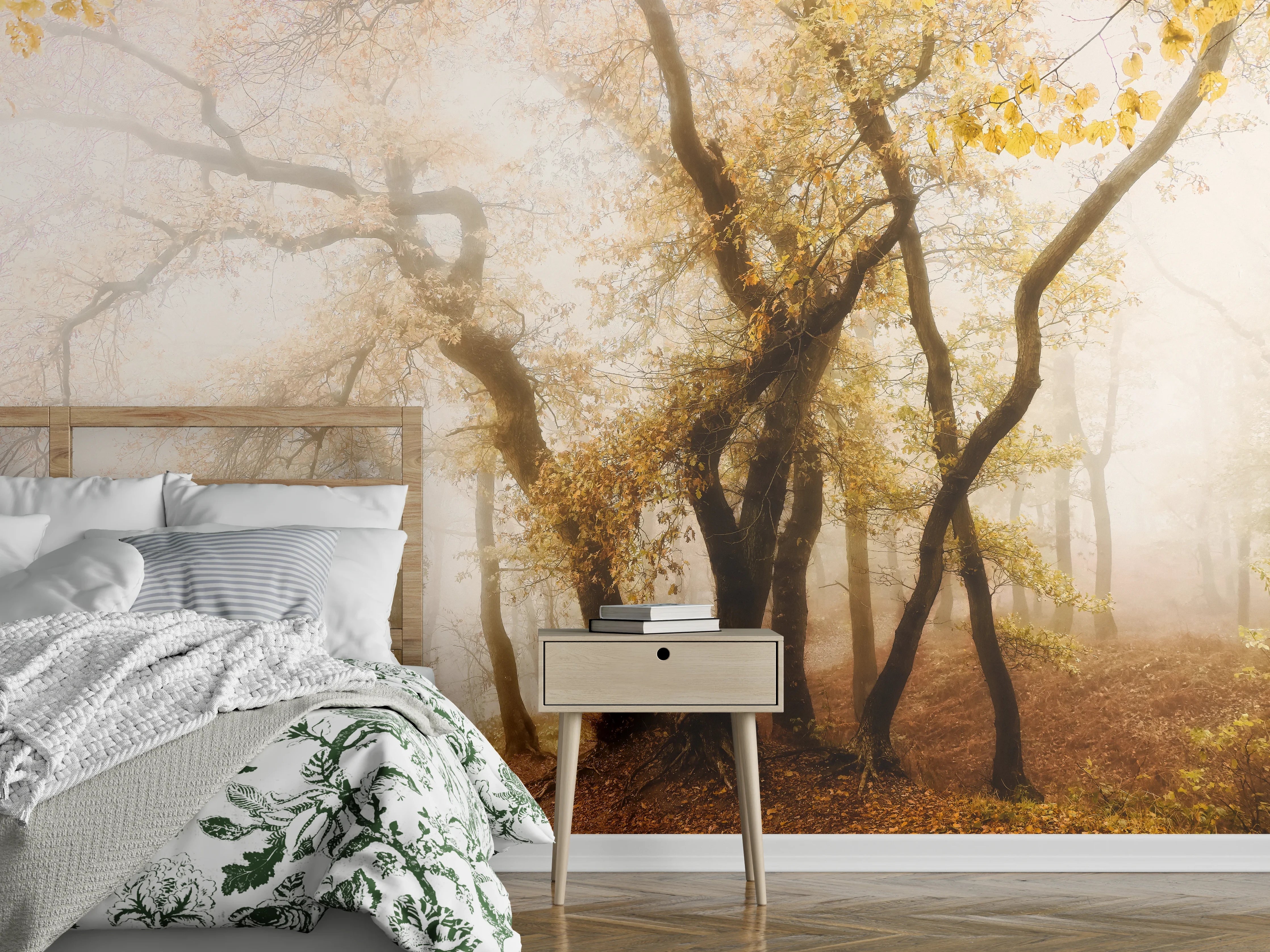 Wandverkleidung Schlafzimmer - Nebeliger Wald im Herbst