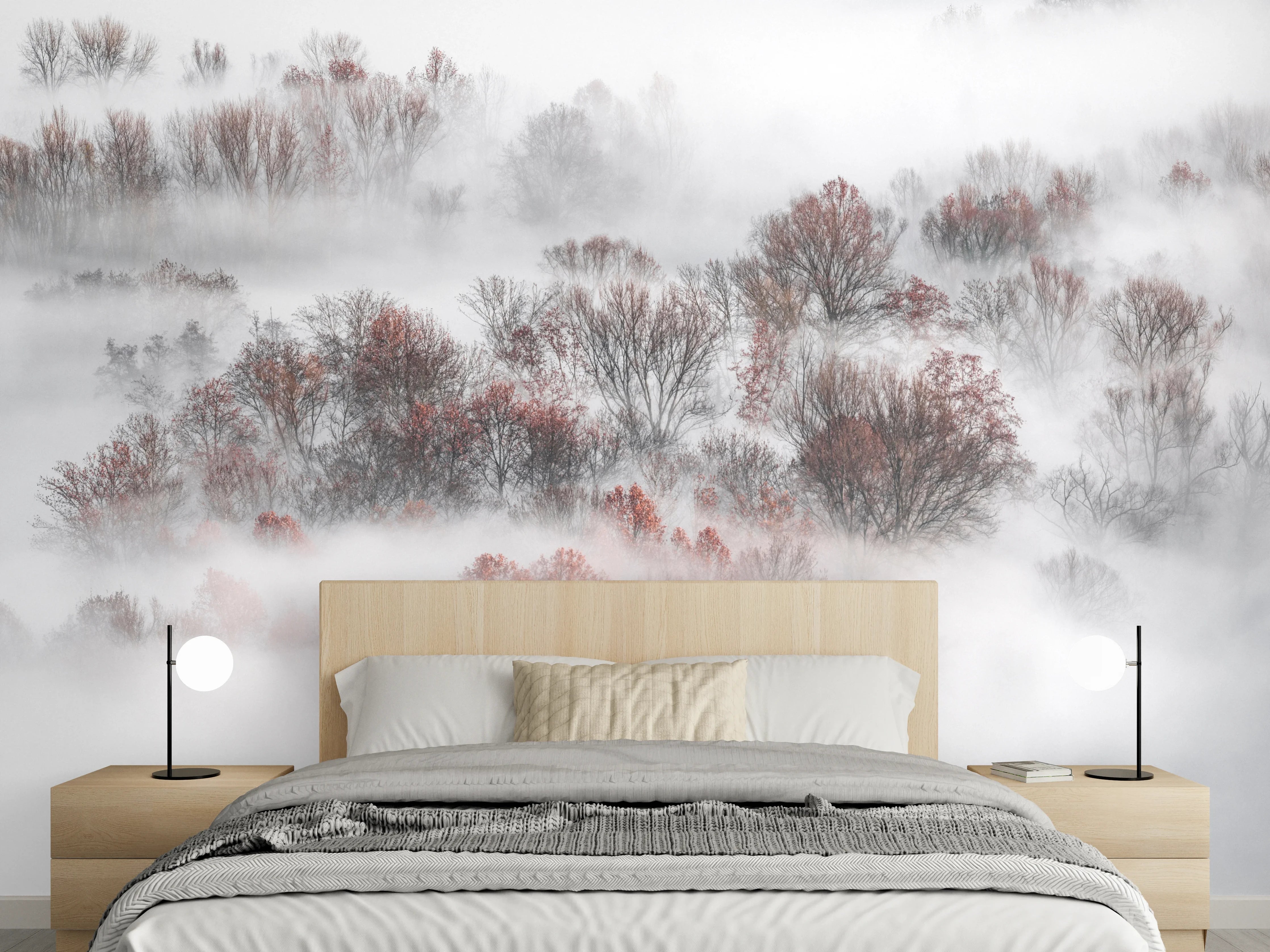 Wandverkleidung Schlafzimmer - Nebelverhangene Bäume in Weiß-Grau