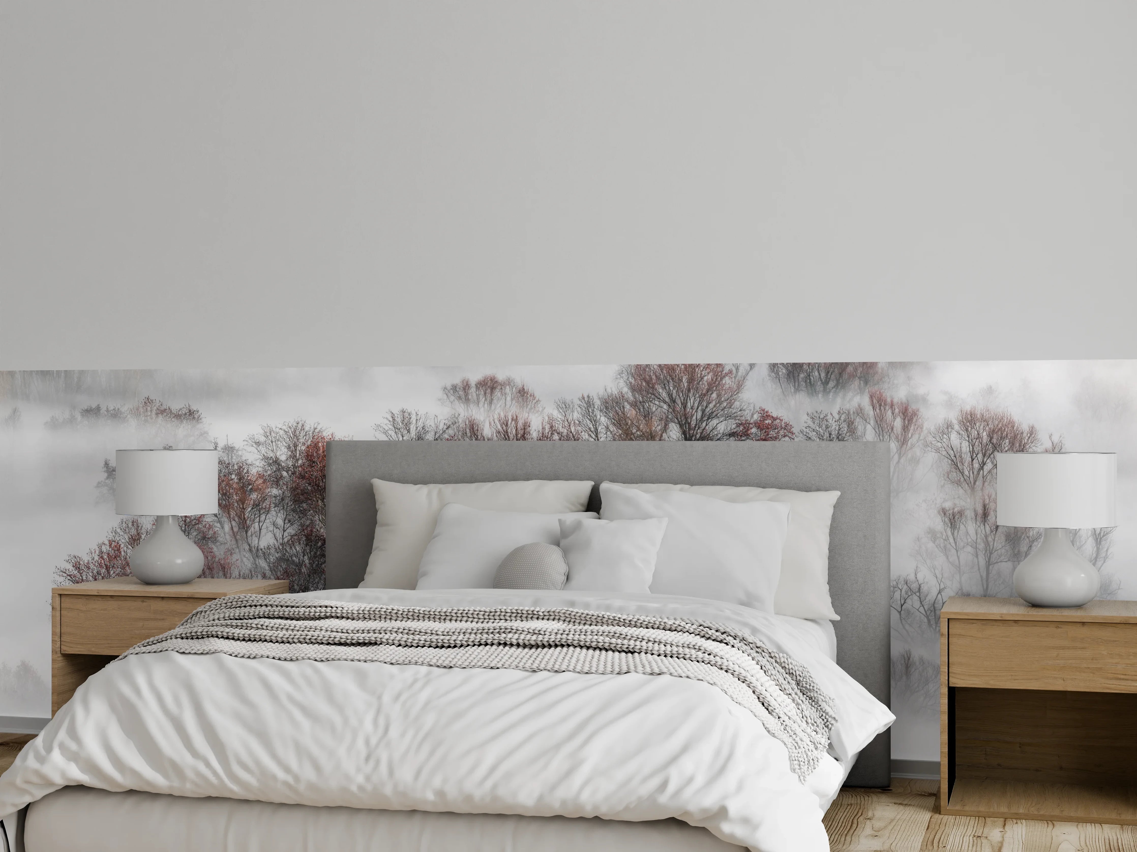 Wandverkleidung Schlafzimmer - Nebelverhangene Bäume in Weiß-Grau