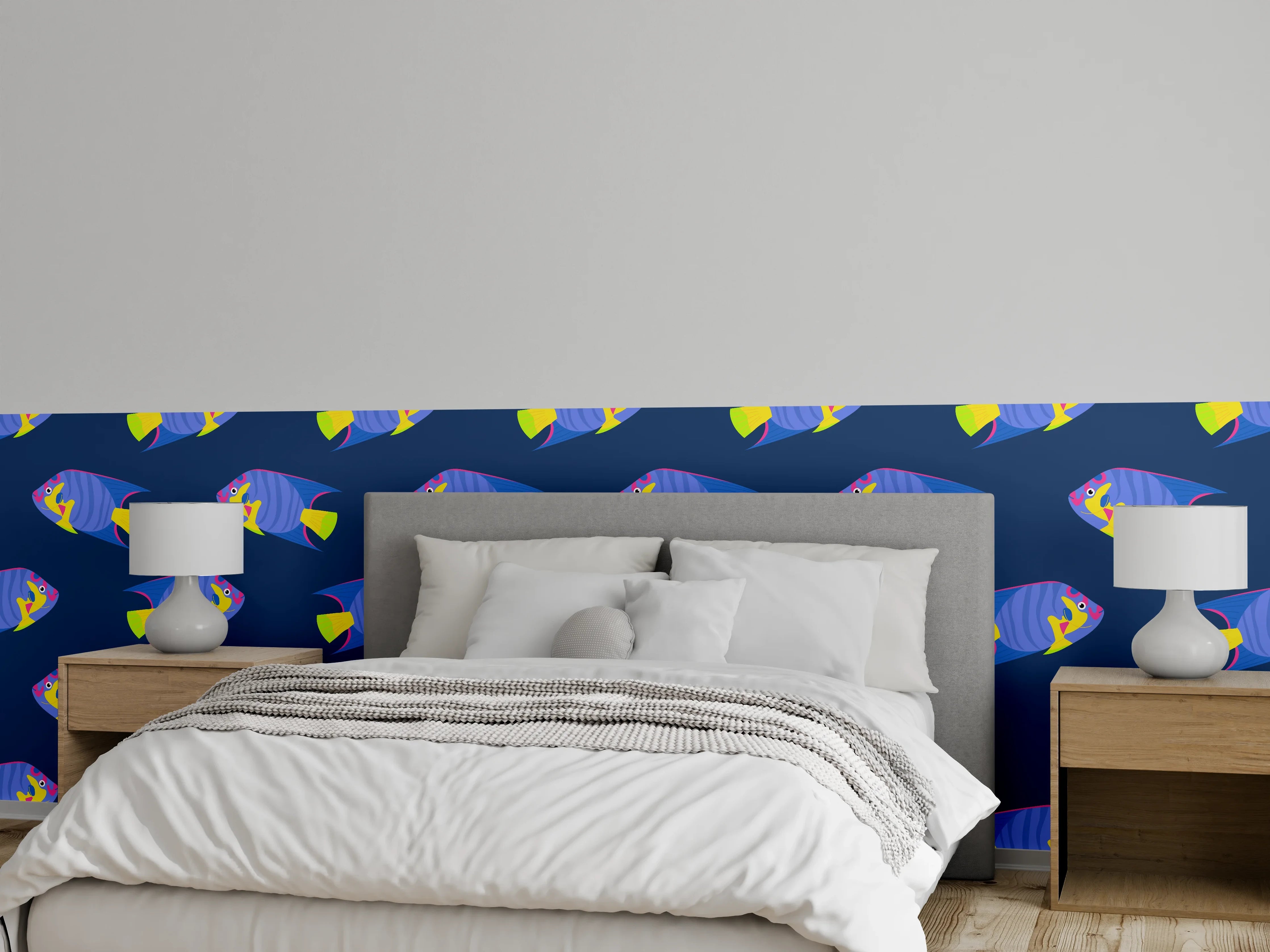 Wandverkleidung Schlafzimmer - Neon-Fische Blau-Gelb Muster