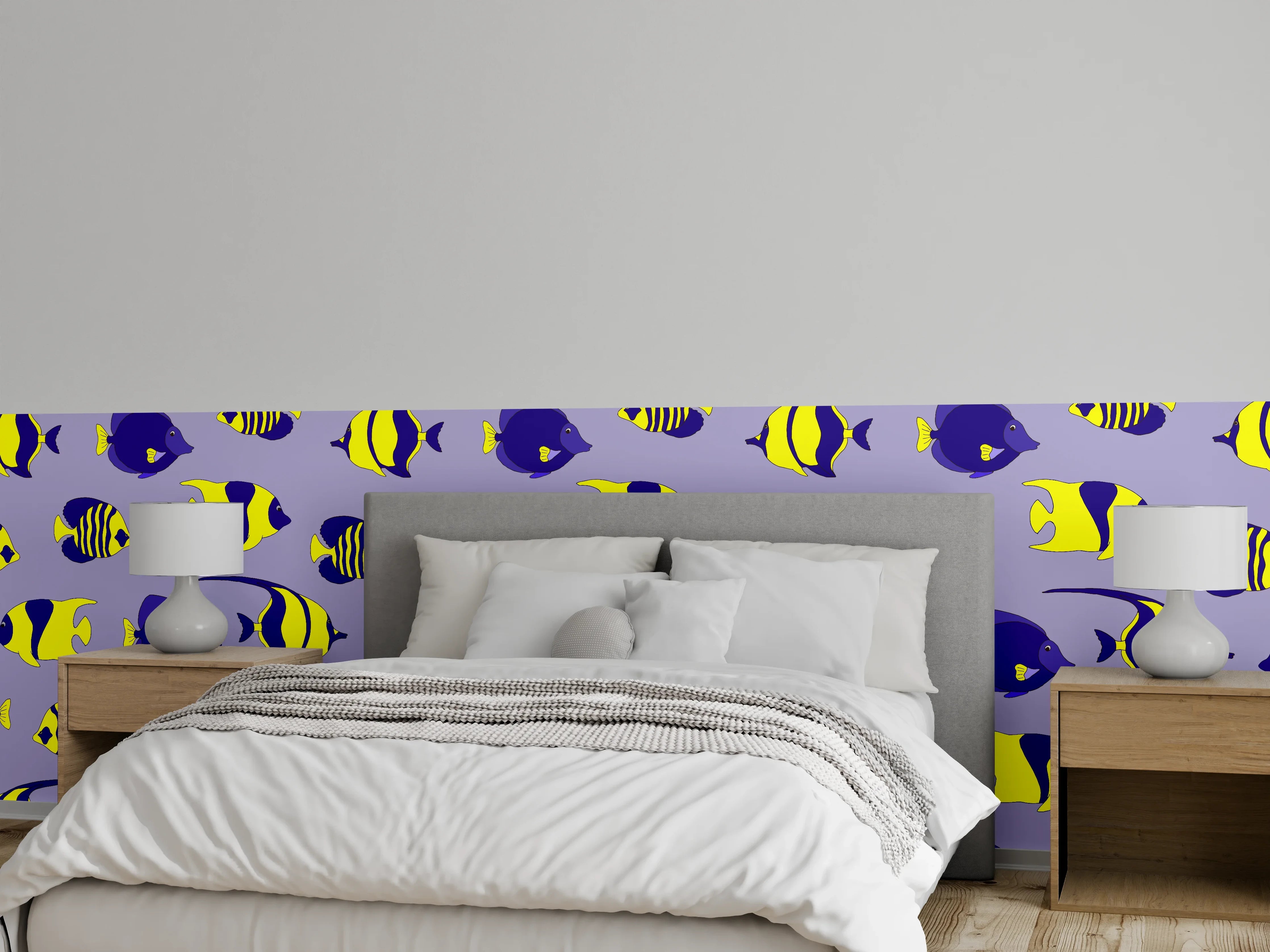Wandverkleidung Schlafzimmer - Neon-Fische Gelb-Blau Muster