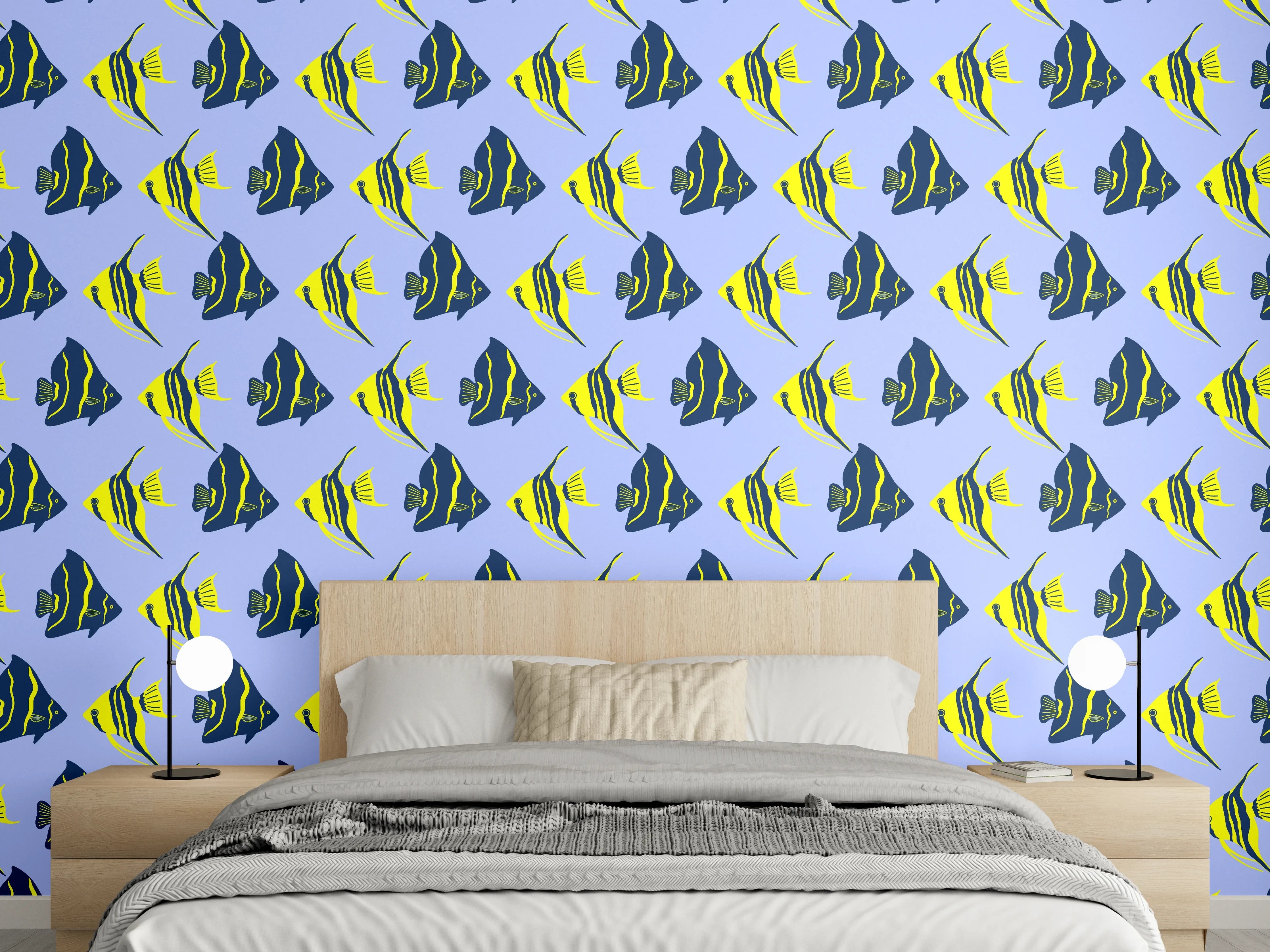 Wandverkleidung Schlafzimmer - Neon-Fischmuster Blau Gelb