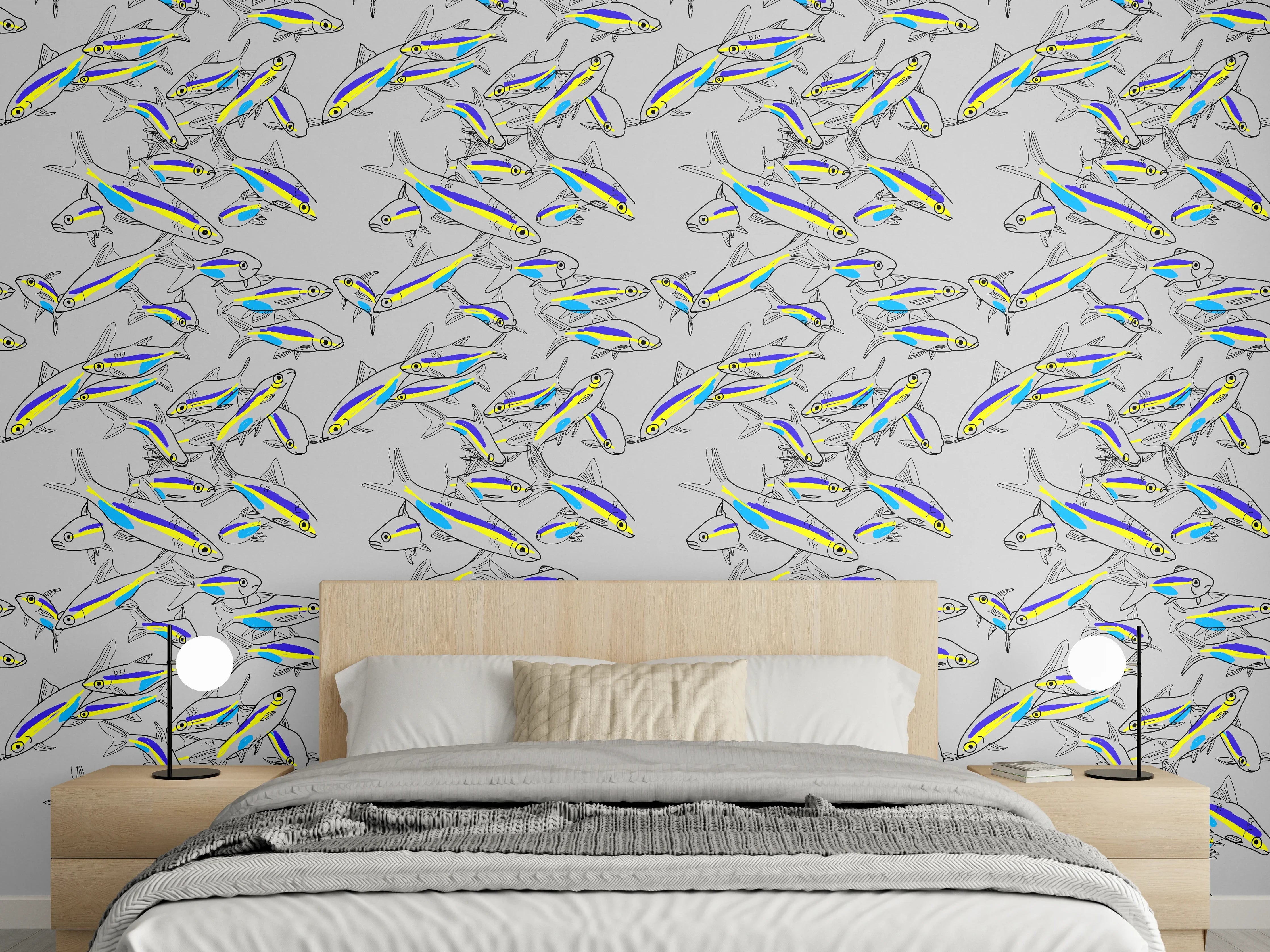Wandverkleidung Schlafzimmer - Neon-Fischmuster Türkis Gelb