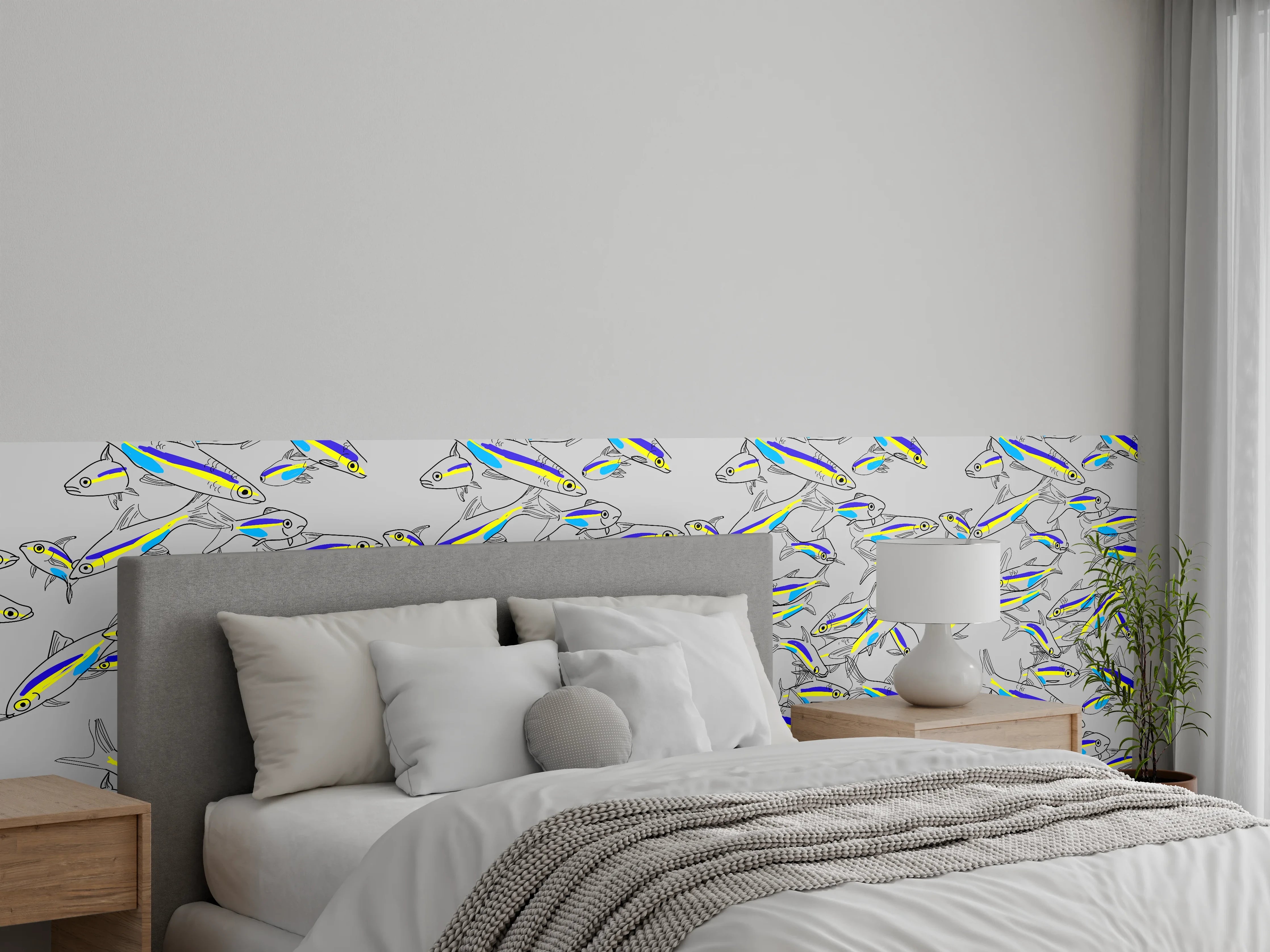 Wandverkleidung Schlafzimmer - Neon-Fischmuster Türkis Gelb
