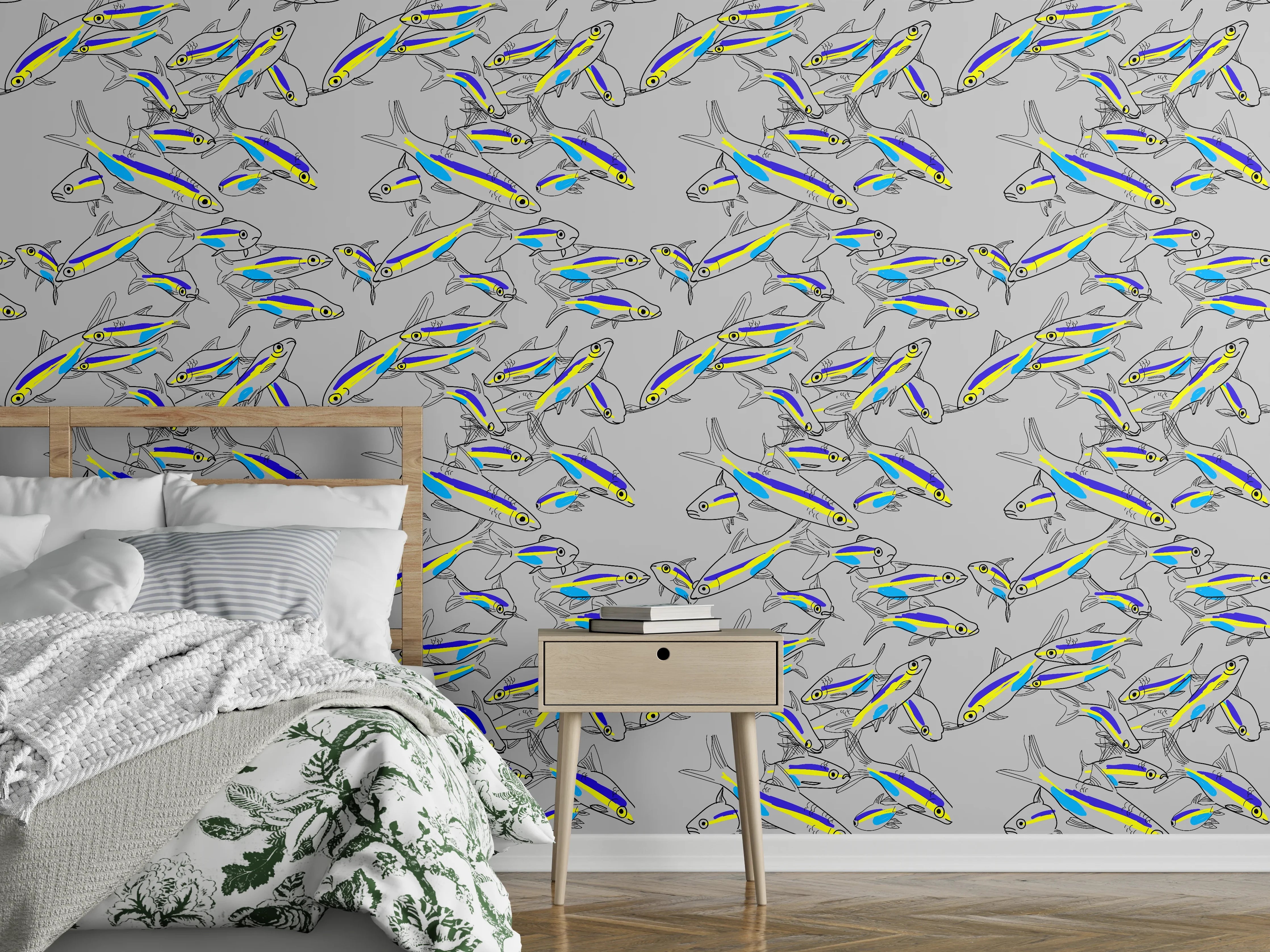 Wandverkleidung Schlafzimmer - Neon-Fischmuster Türkis Gelb