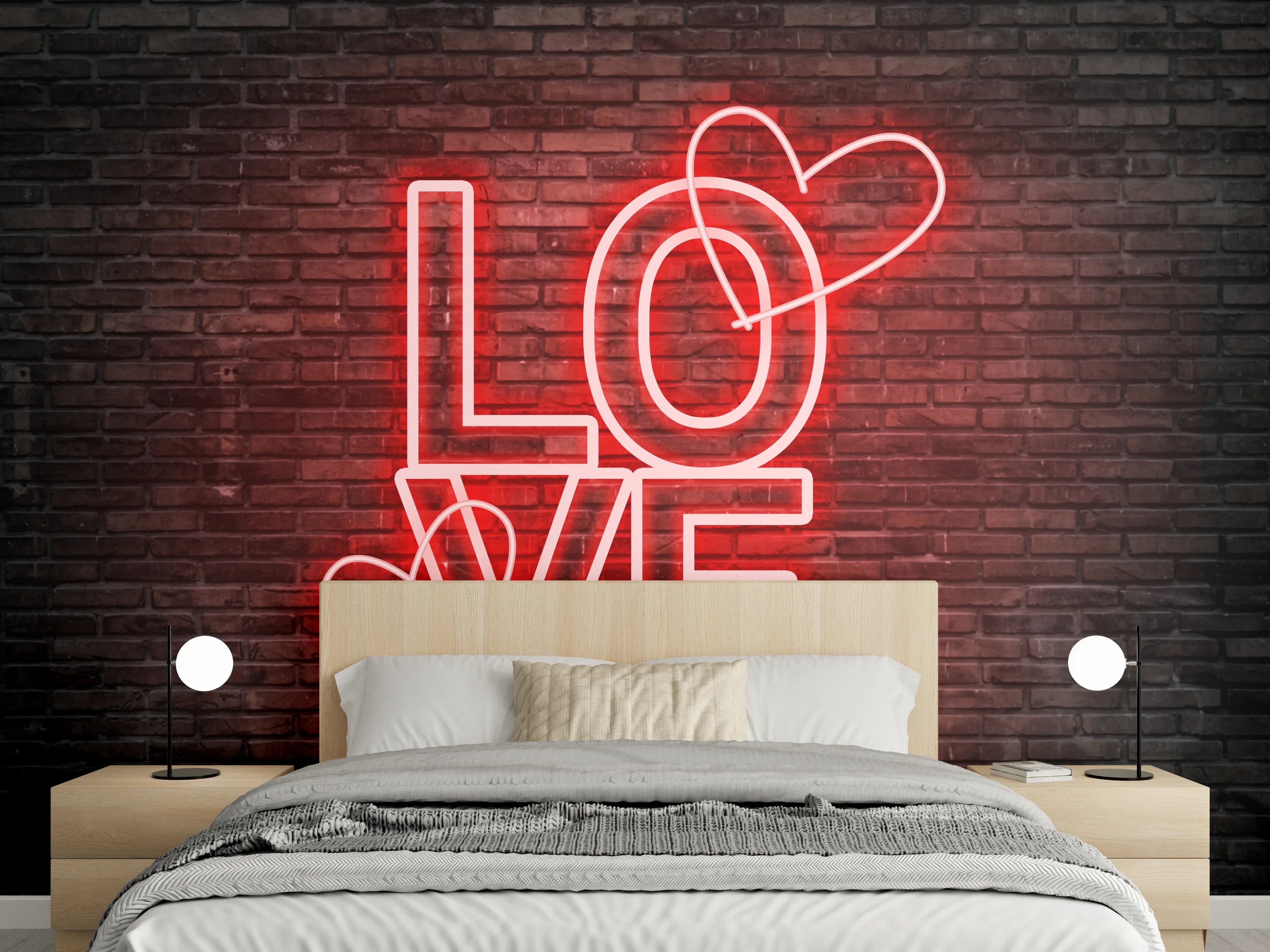 Wandverkleidung Schlafzimmer - Neon Love Schriftzug auf Ziegelwand