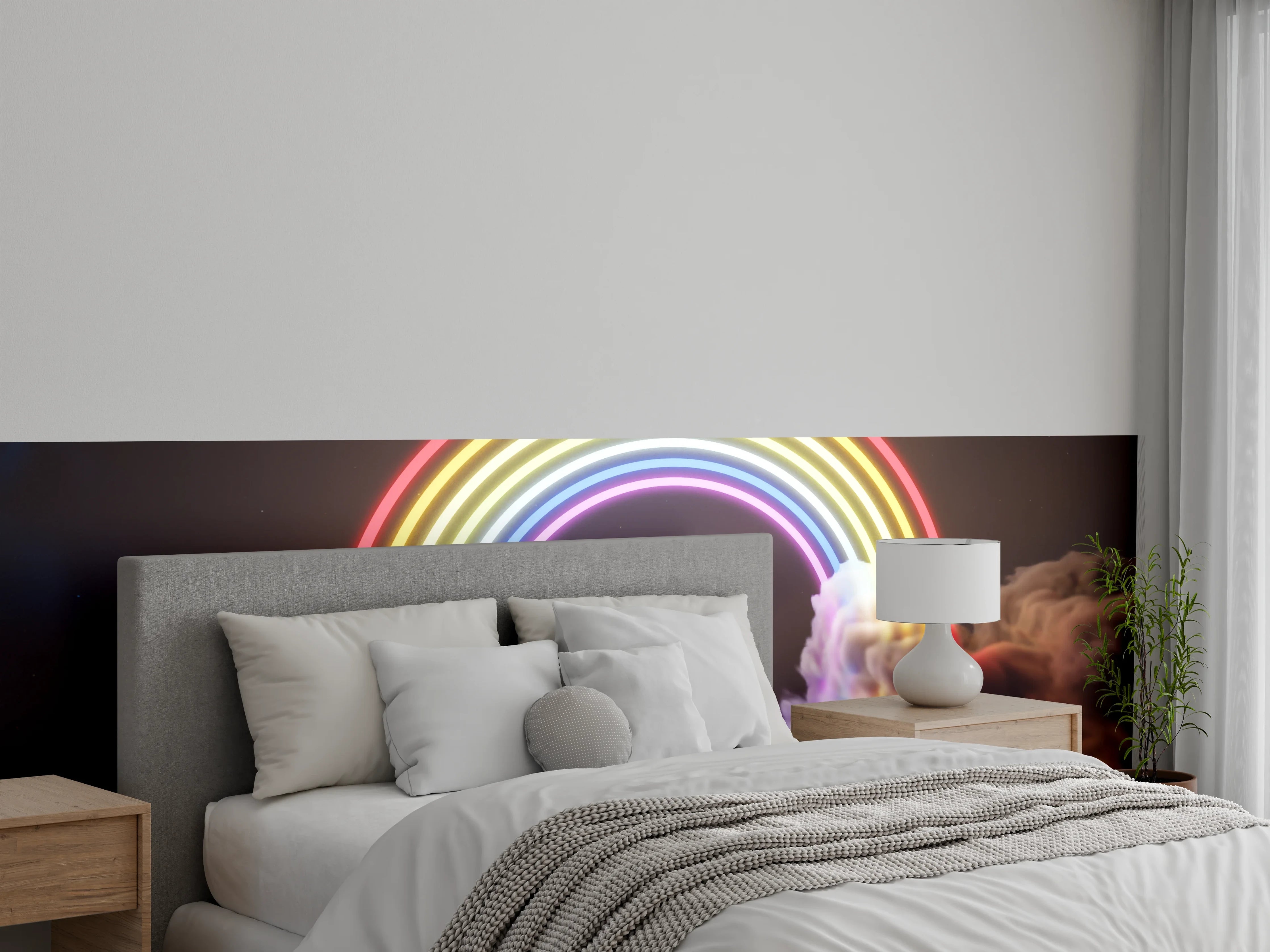 Wandverkleidung Schlafzimmer - Neon-Regenbogen über dunklen Wolken