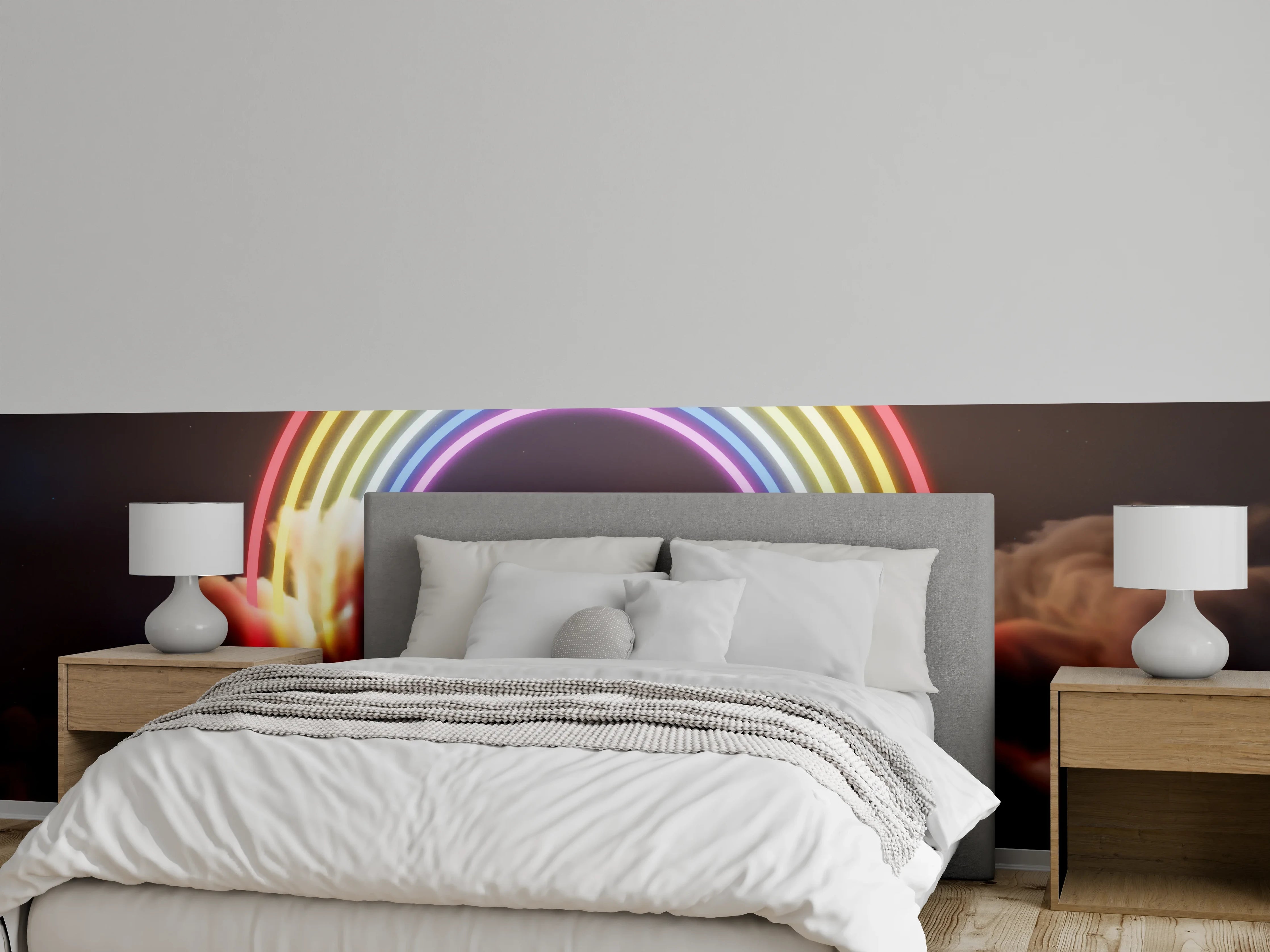 Wandverkleidung Schlafzimmer - Neon-Regenbogen über dunklen Wolken