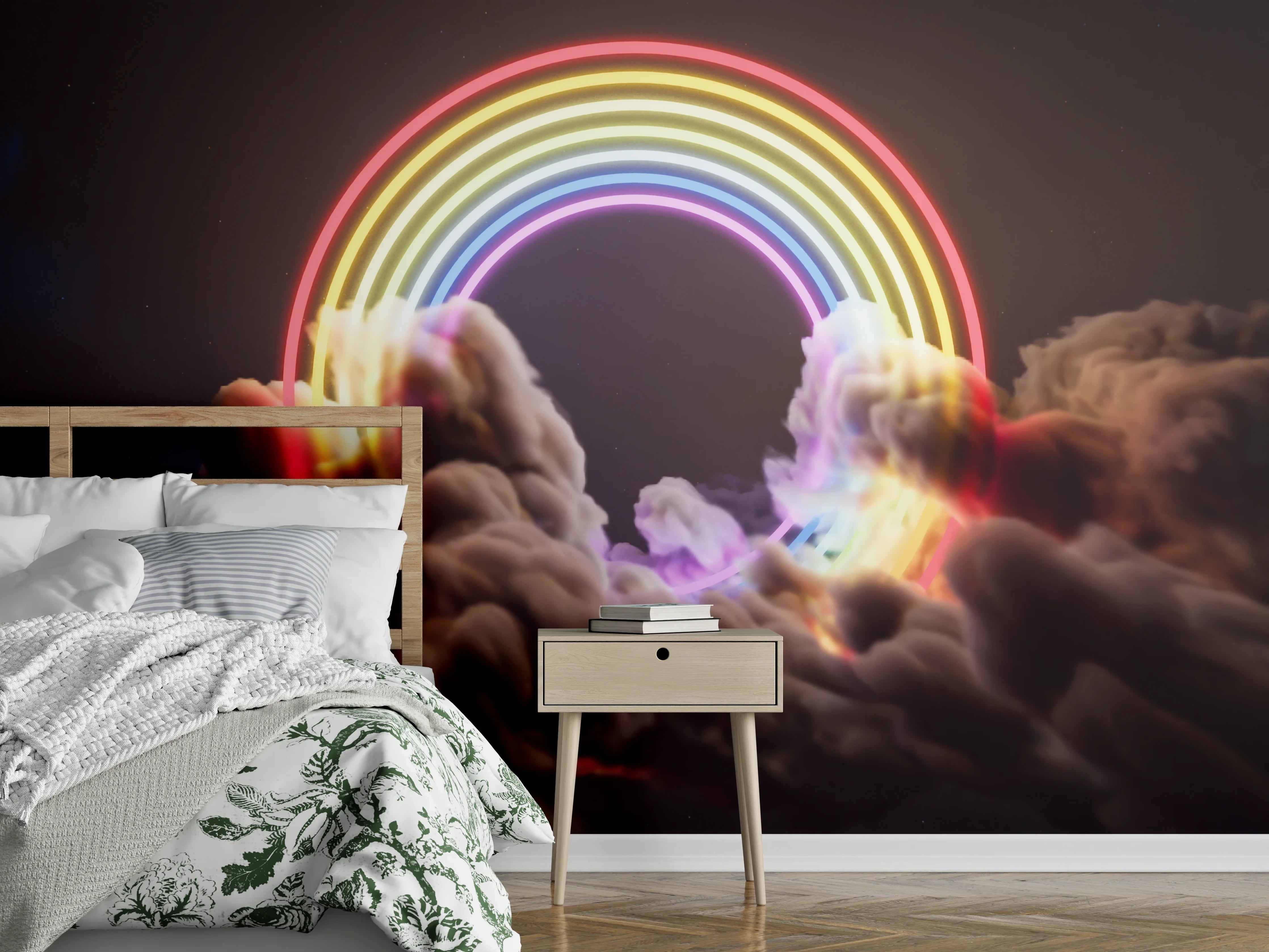 Wandverkleidung Schlafzimmer - Neon-Regenbogen über dunklen Wolken