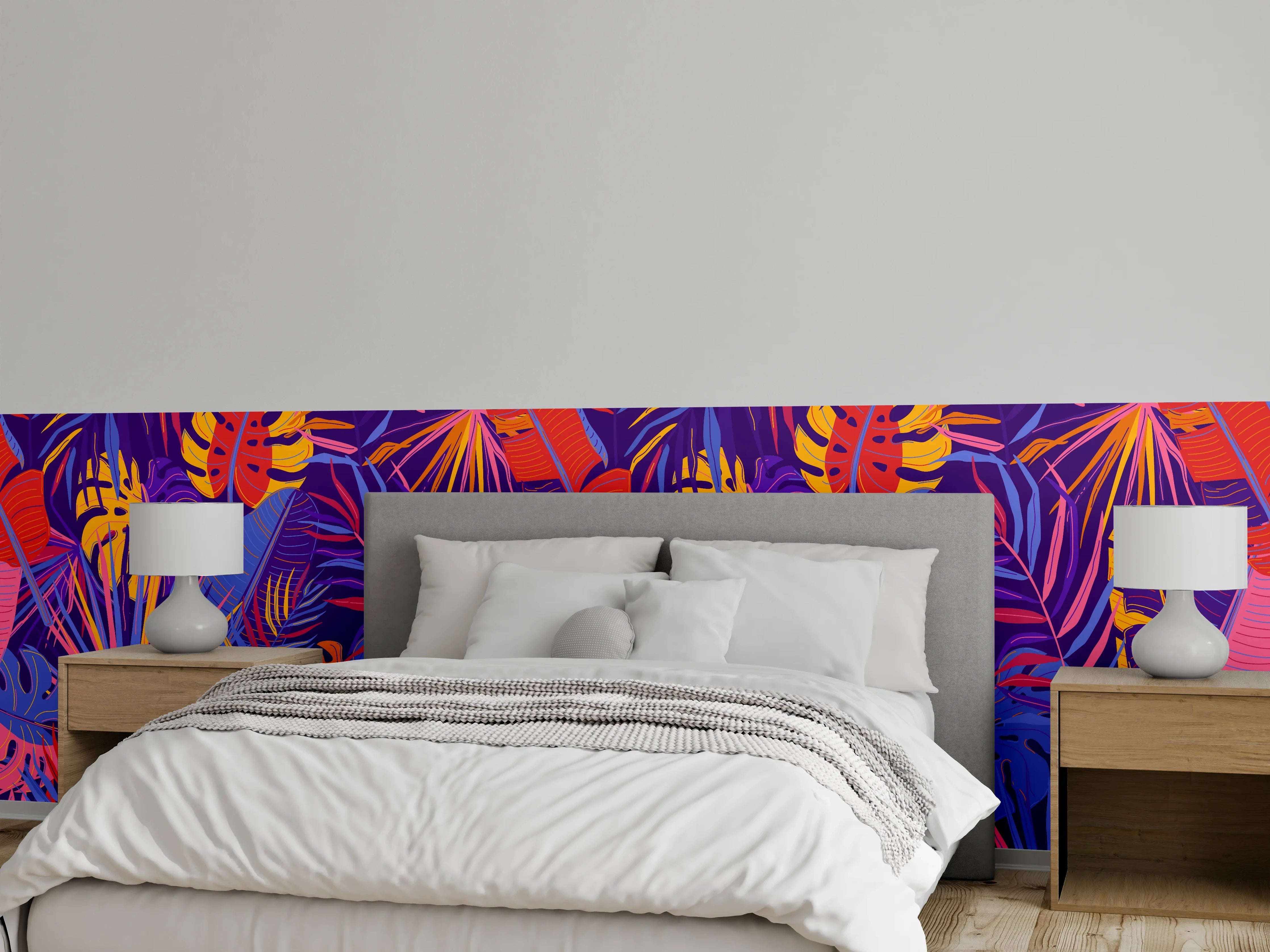 Wandverkleidung Schlafzimmer - Neon Tropenblätter Muster