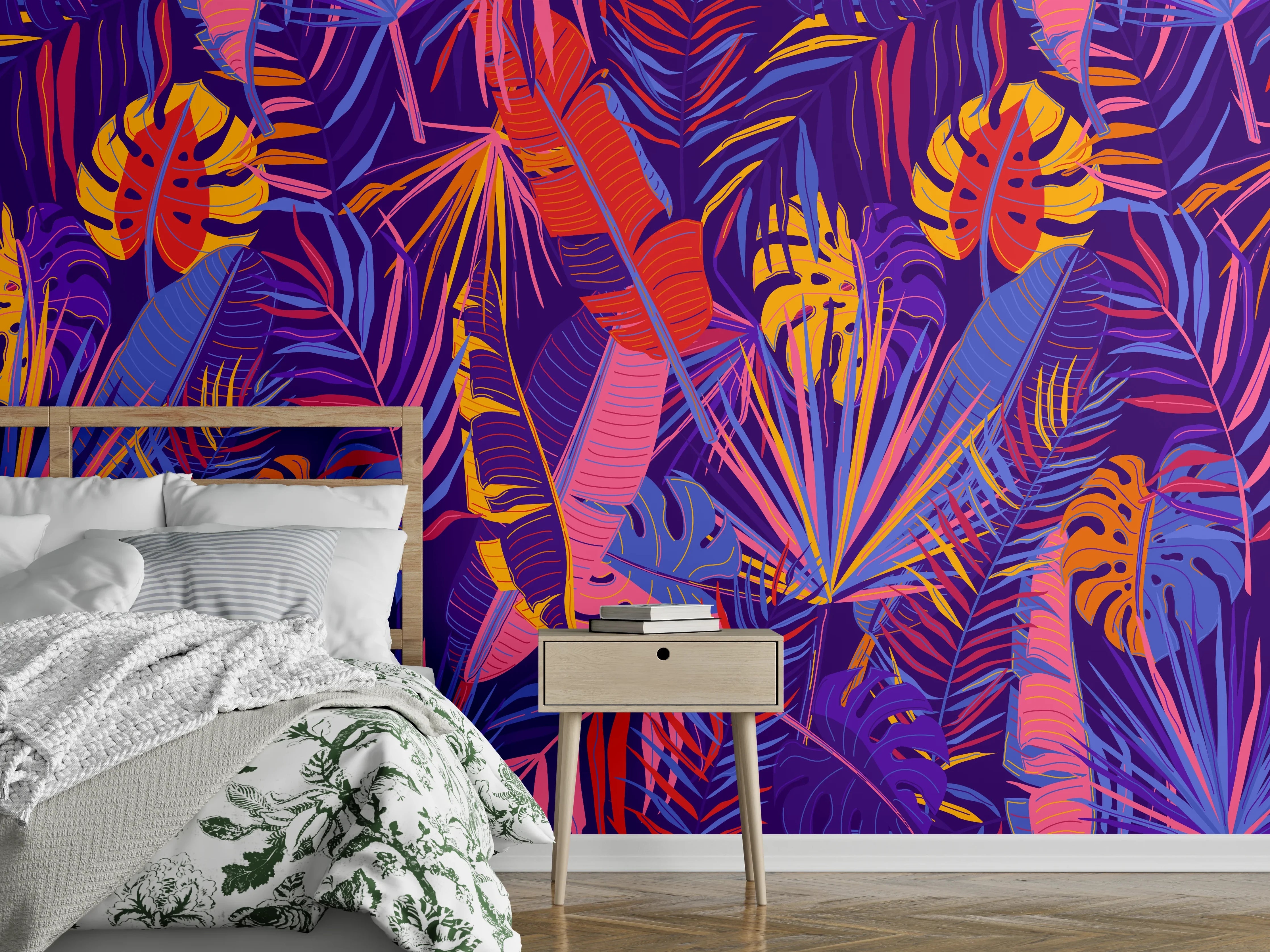 Wandverkleidung Schlafzimmer - Neon Tropenblätter Muster