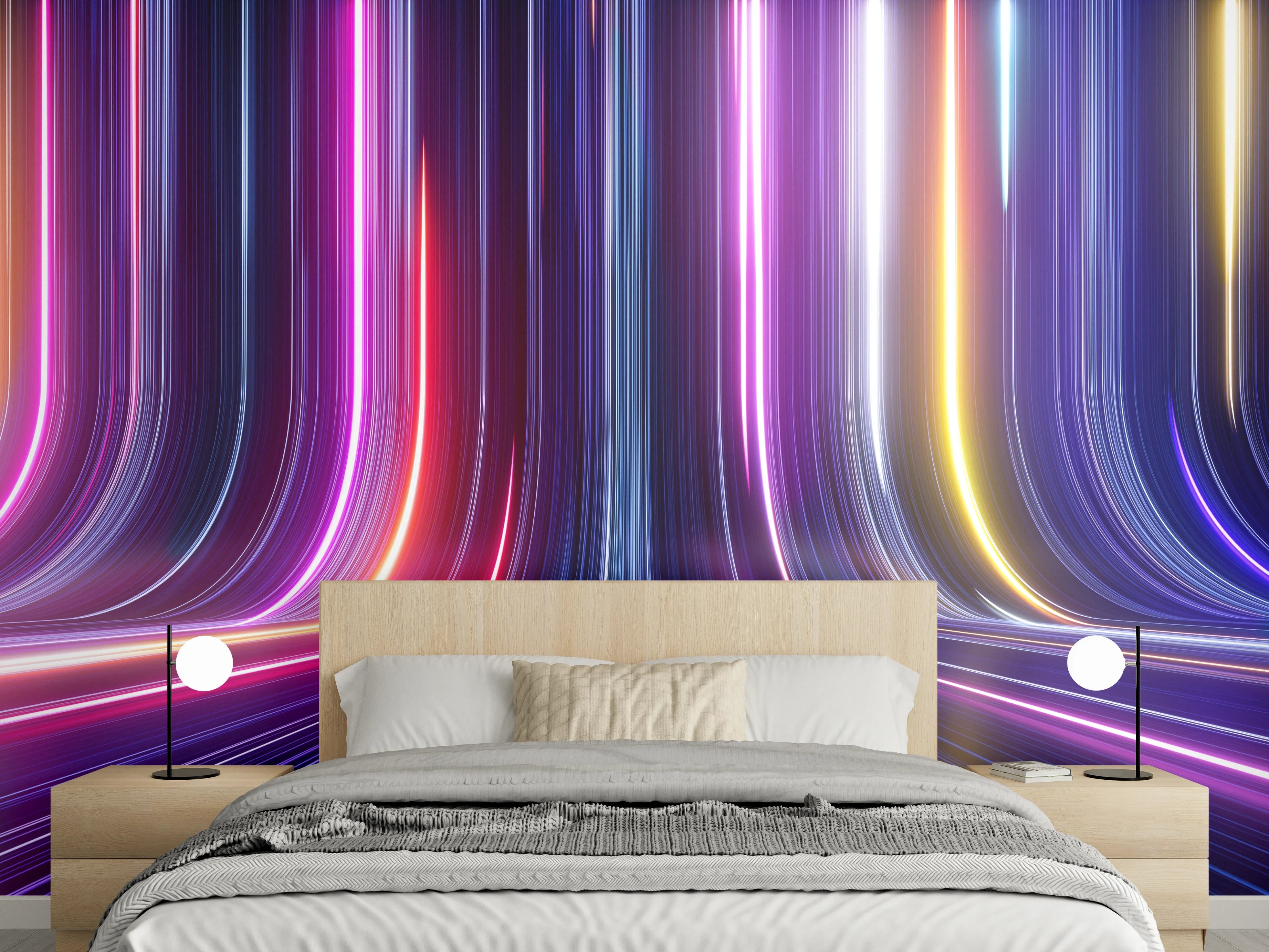 Wandverkleidung Schlafzimmer - Neonlicht Streifen: Futuristisches Linienmuster