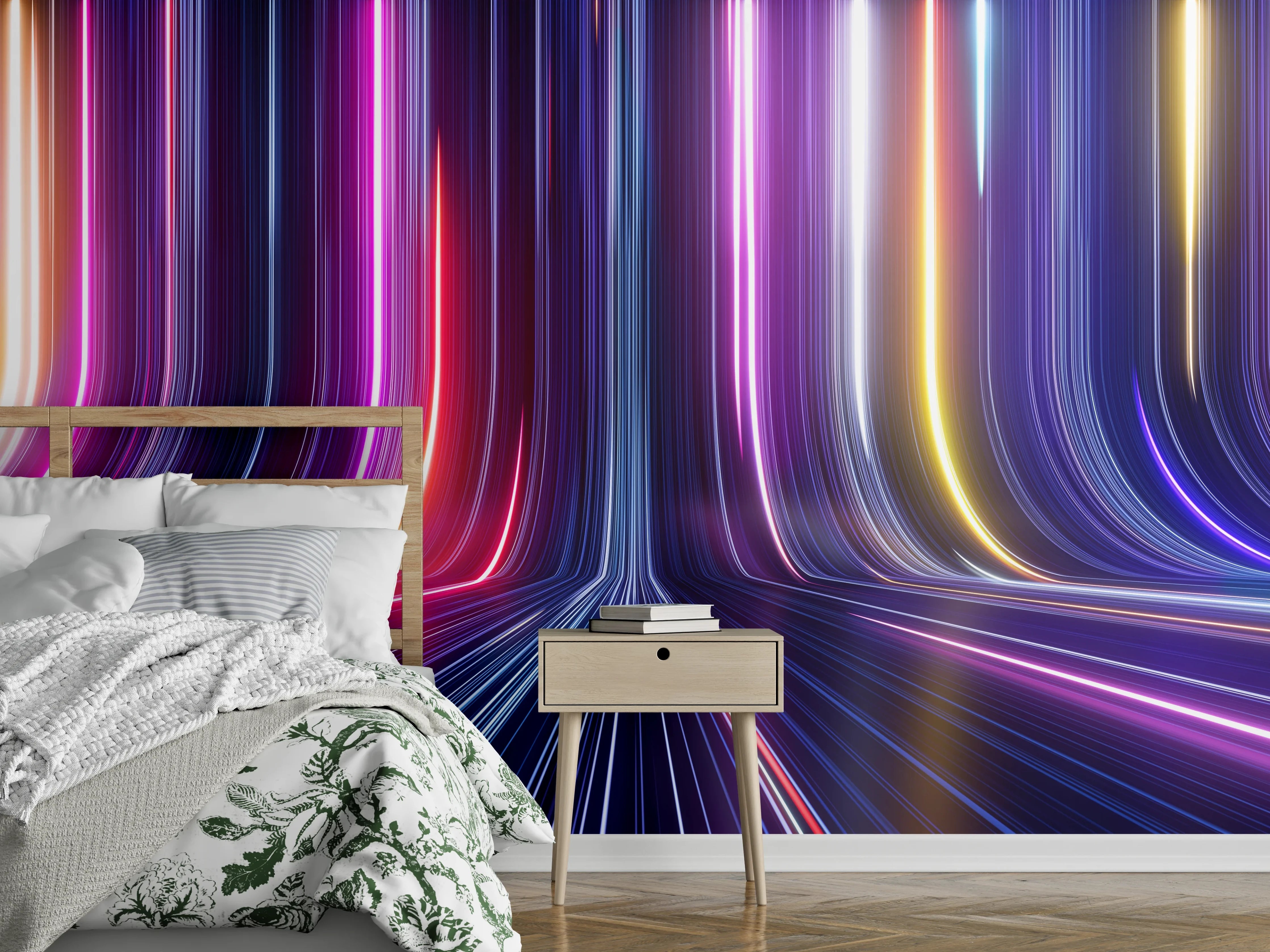 Wandverkleidung Schlafzimmer - Neonlicht Streifen: Futuristisches Linienmuster