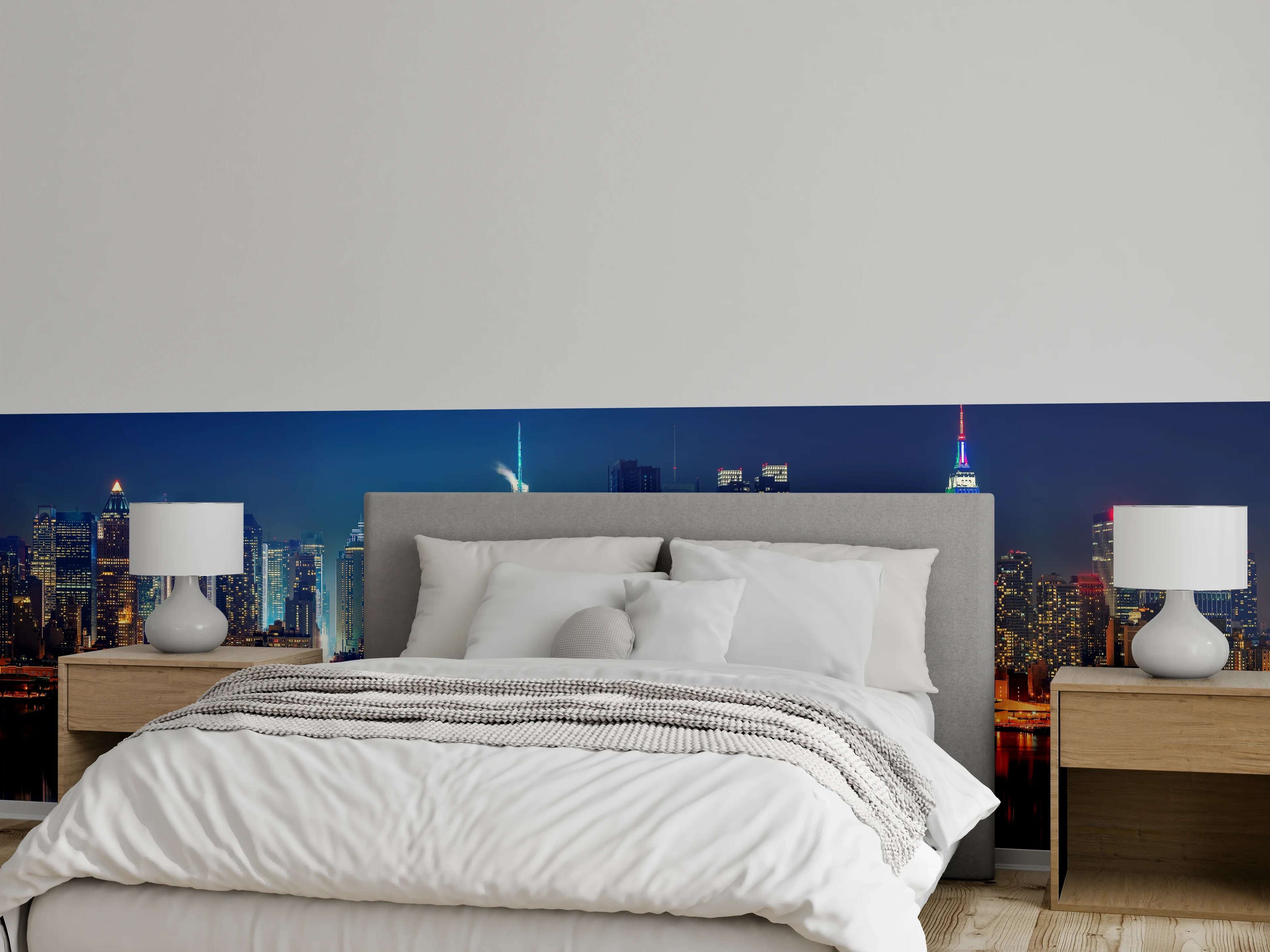 Wandverkleidung Schlafzimmer - New York Skyline bei Nacht Leuchtend