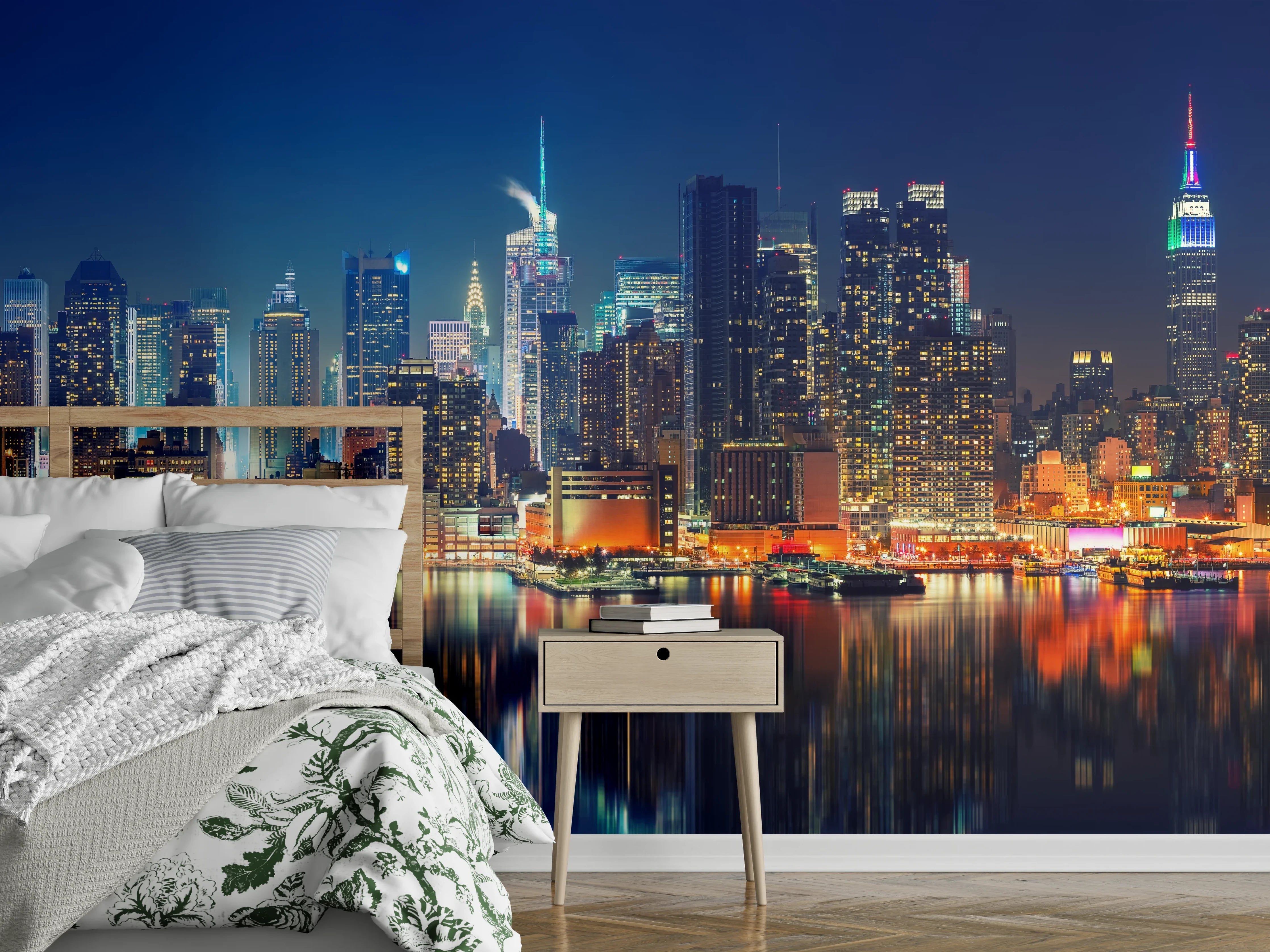 Wandverkleidung Schlafzimmer - New York Skyline bei Nacht Leuchtend