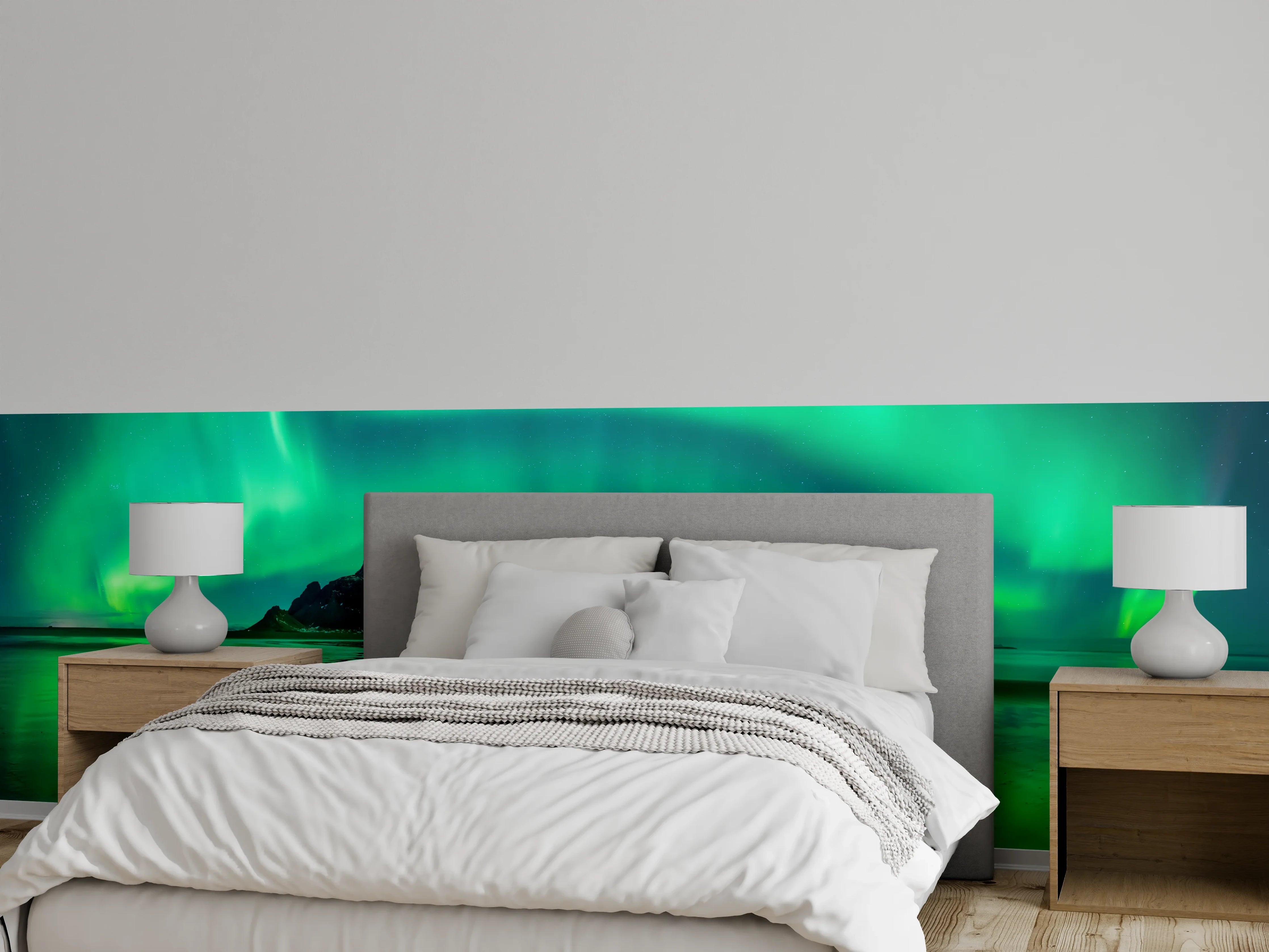 Wandverkleidung Schlafzimmer - Nordlicht über Berglandschaft Panorama