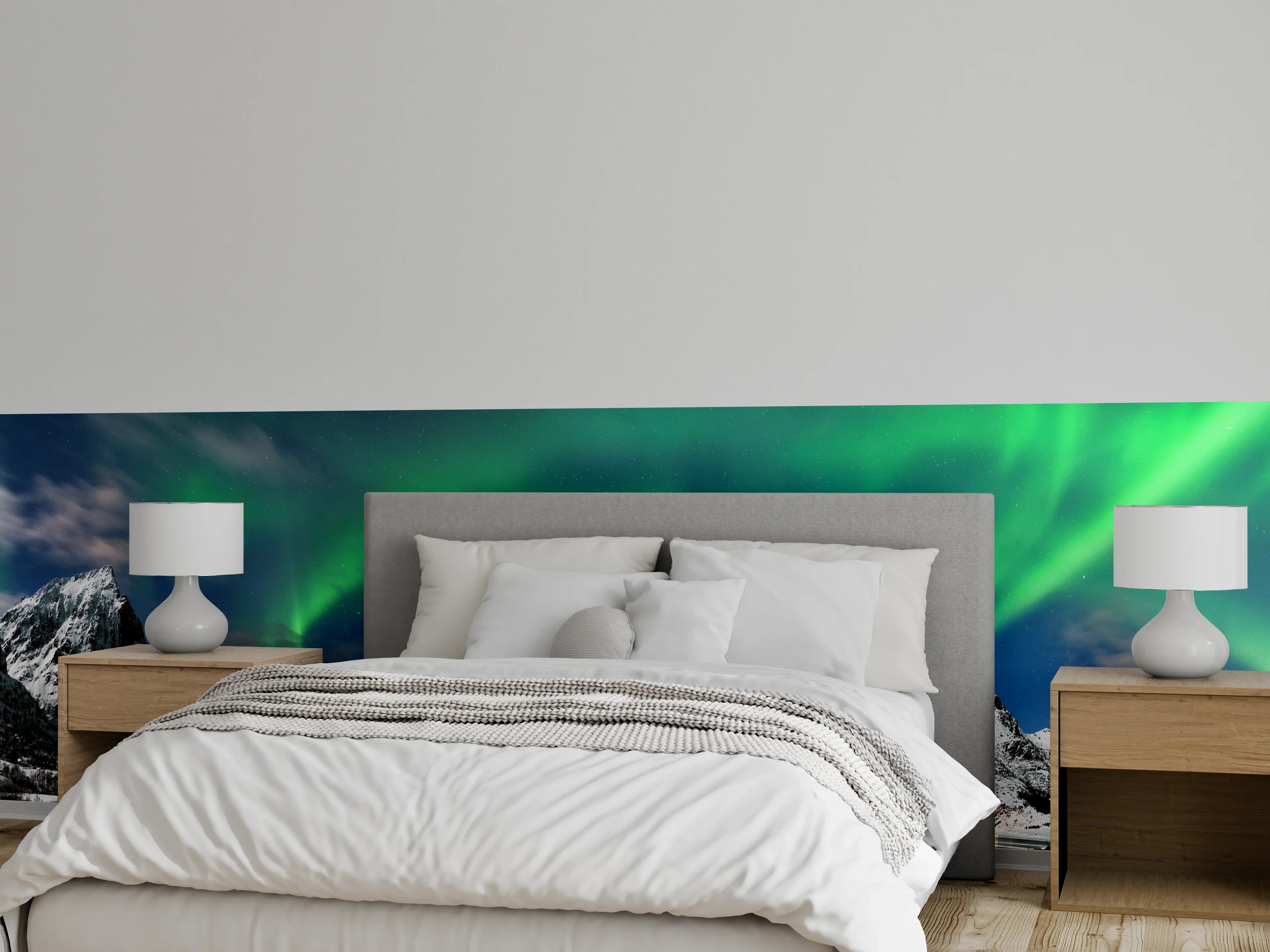 Wandverkleidung Schlafzimmer - Nordlicht über verschneitem Fjord