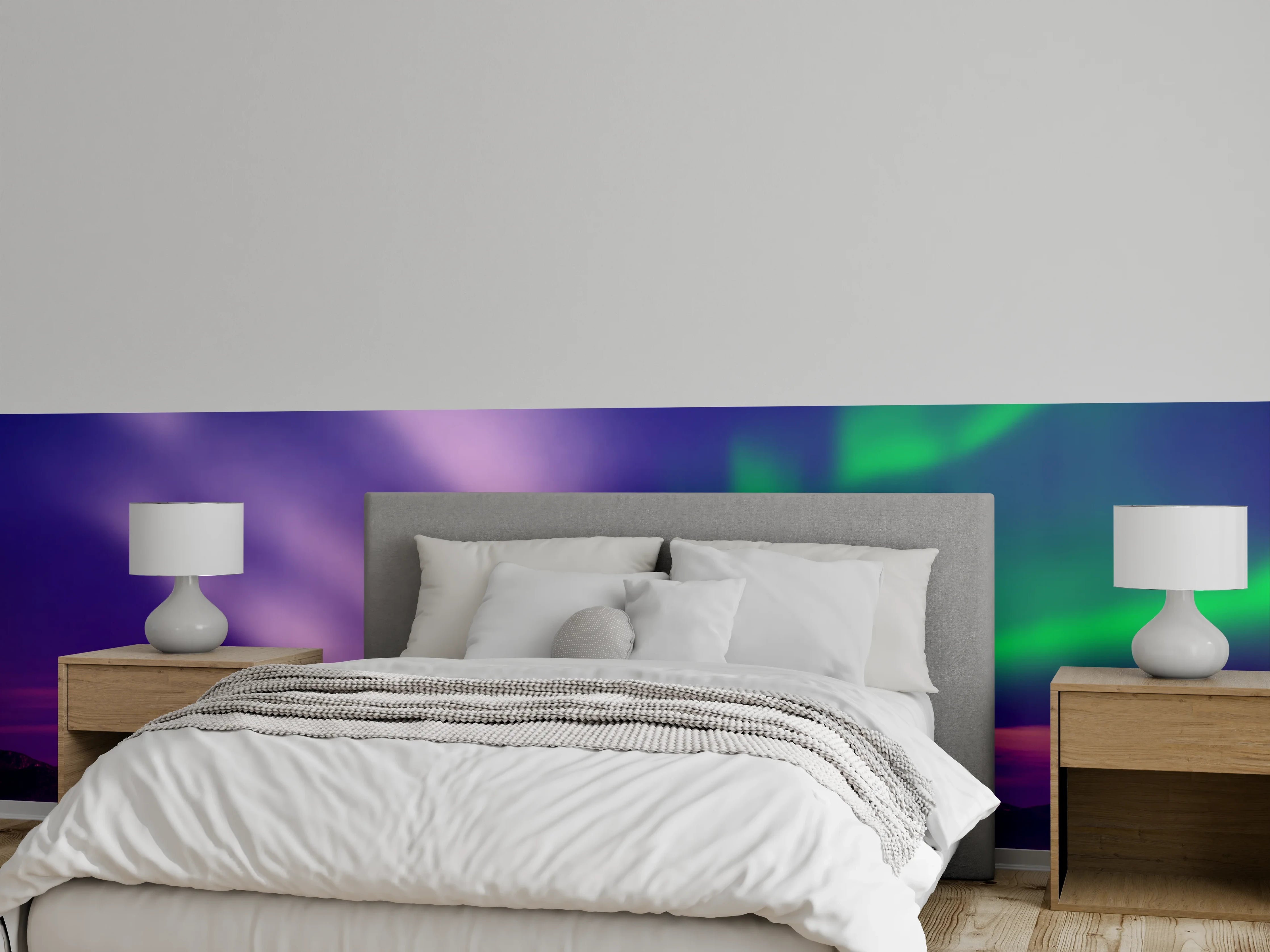 Wandverkleidung Schlafzimmer - Nordlichter über mystischer Insel