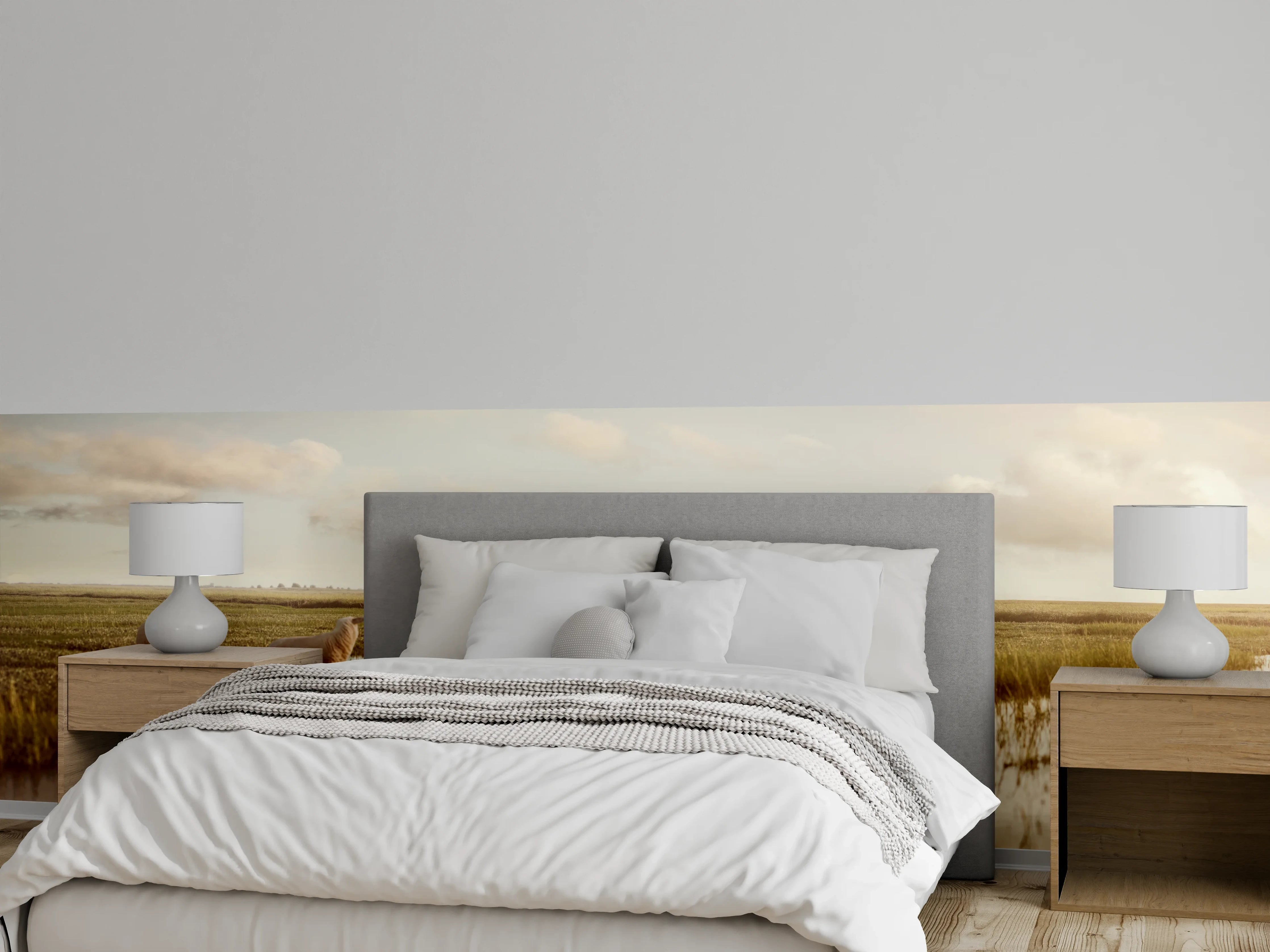 Wandverkleidung Schlafzimmer - Nordsee Leuchtturm mit Schafen Panorama