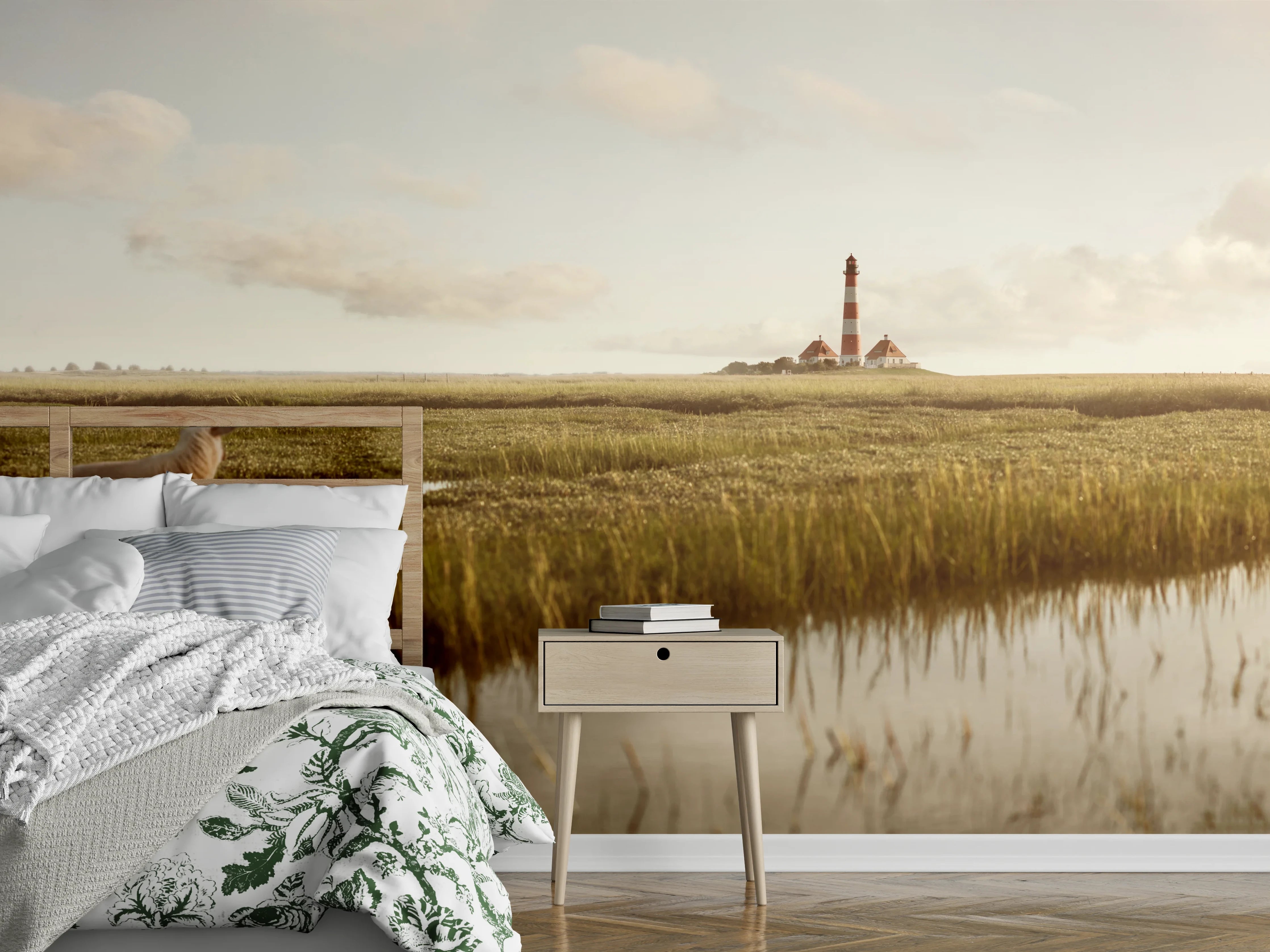 Wandverkleidung Schlafzimmer - Nordsee Leuchtturm mit Schafen Panorama