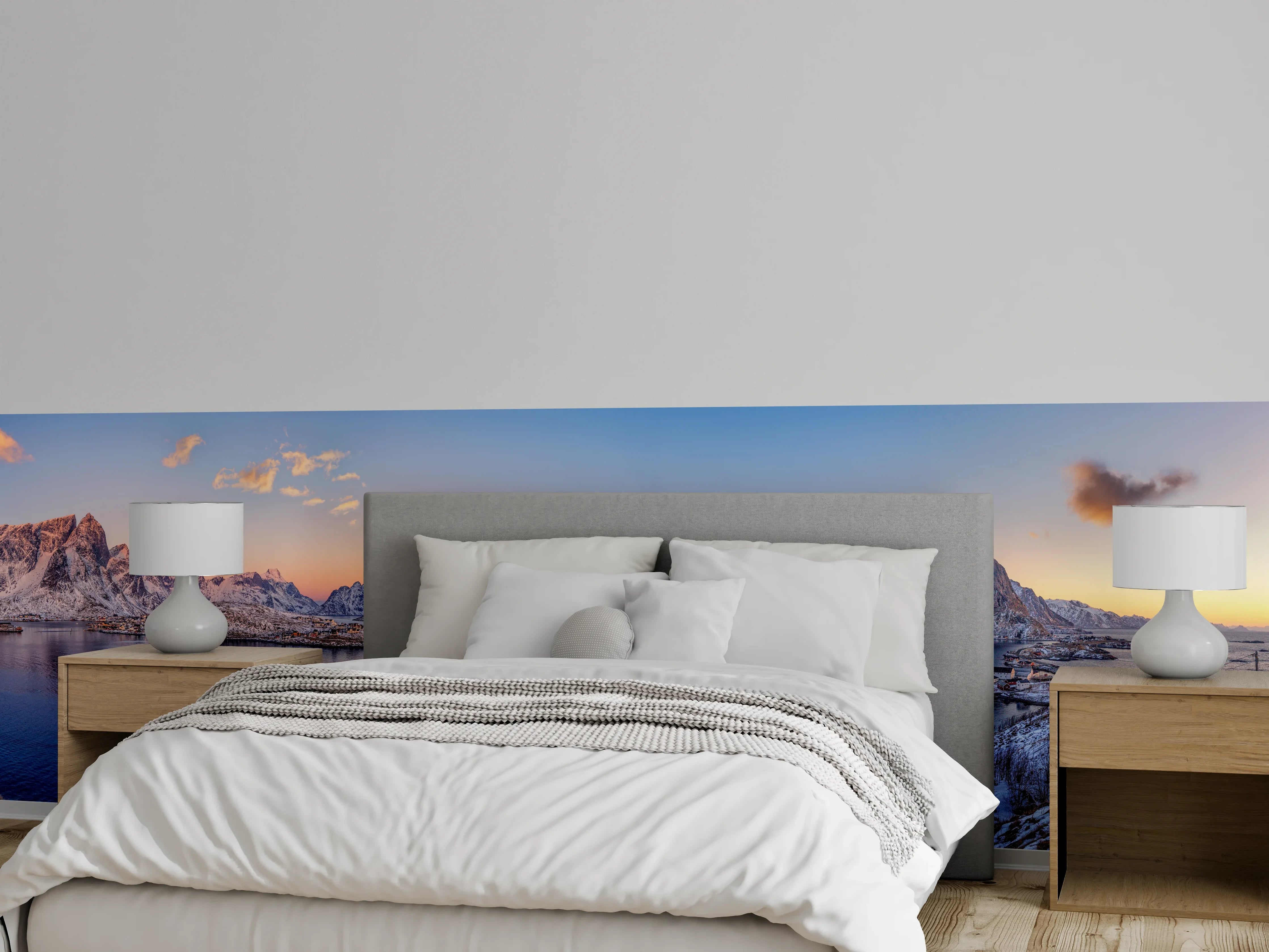 Wandverkleidung Schlafzimmer - Norwegen Fjord Panorama Blau-Weiß