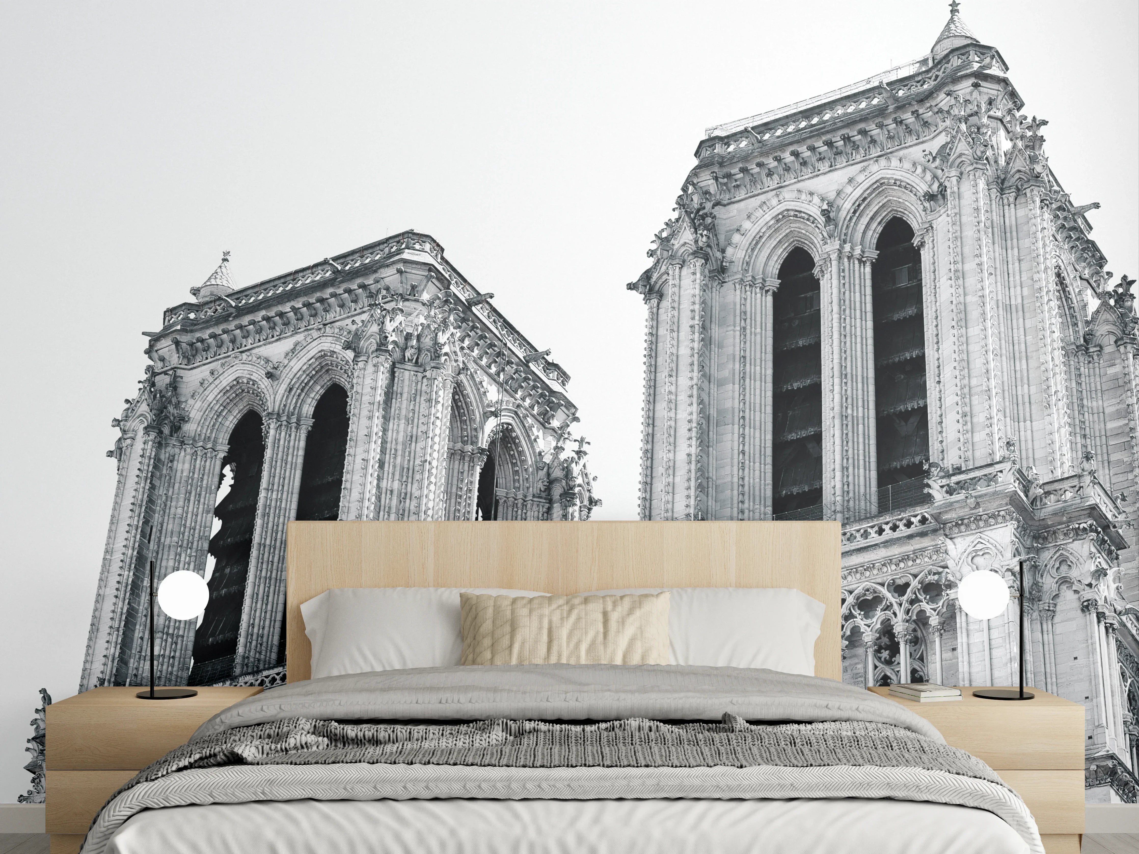 Wandverkleidung Schlafzimmer - Notre-Dame Schwarz-Weiß Architekturmotiv