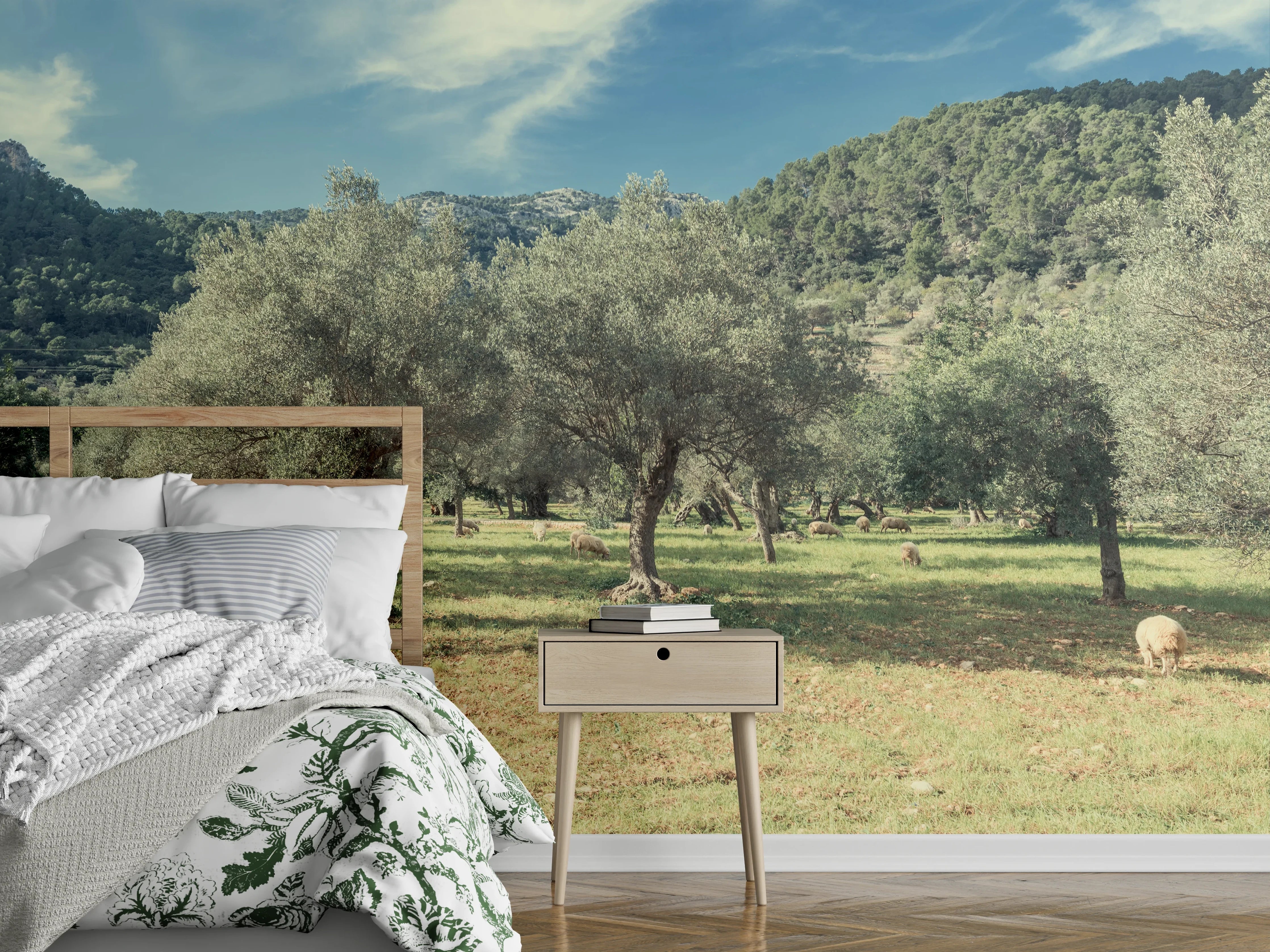 Wandverkleidung Schlafzimmer - Olivenhain mit Bergen im Sonnenschein