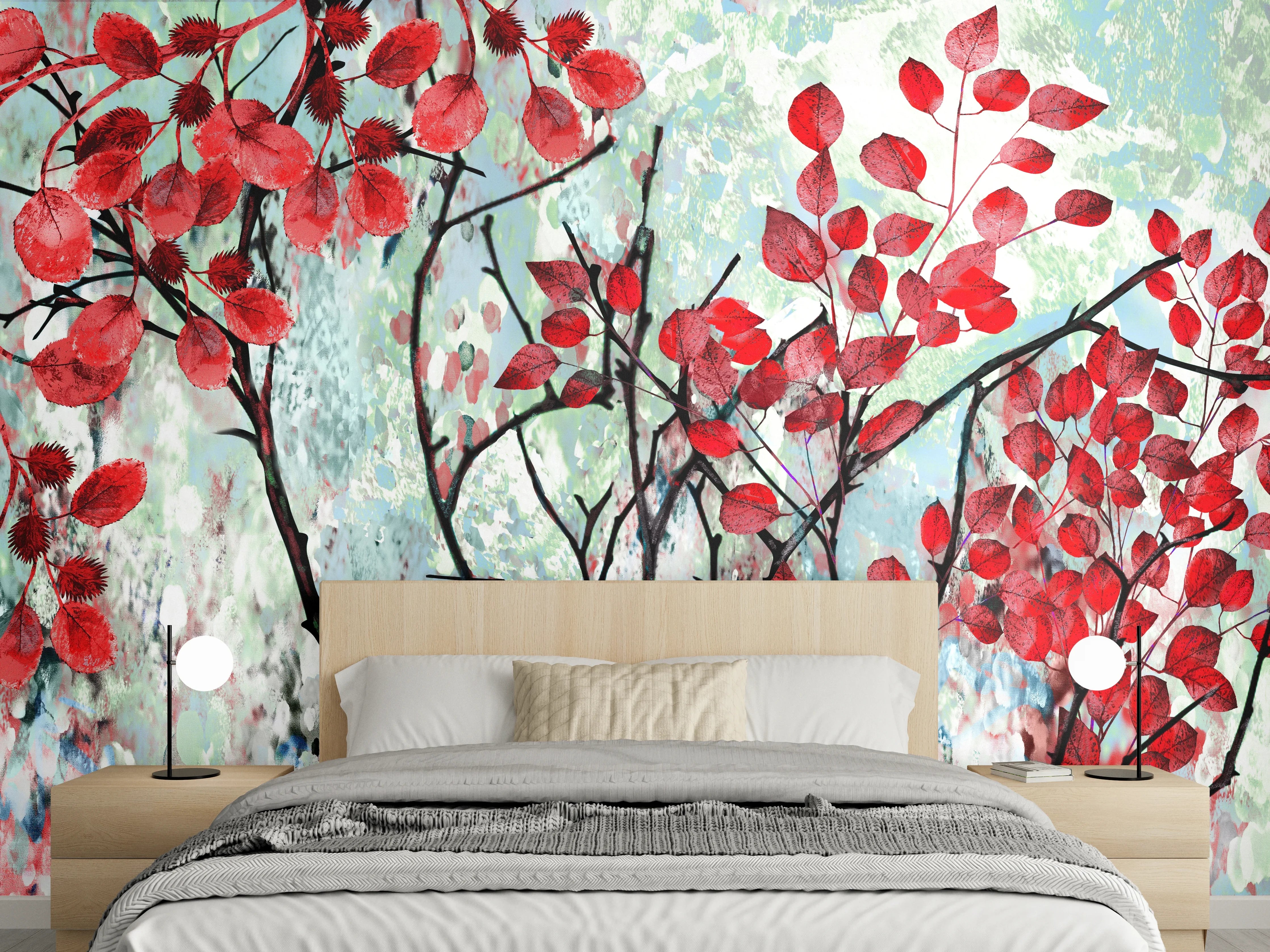 Wandverkleidung Schlafzimmer - Ölmalerei von roten Blättern im Frühling