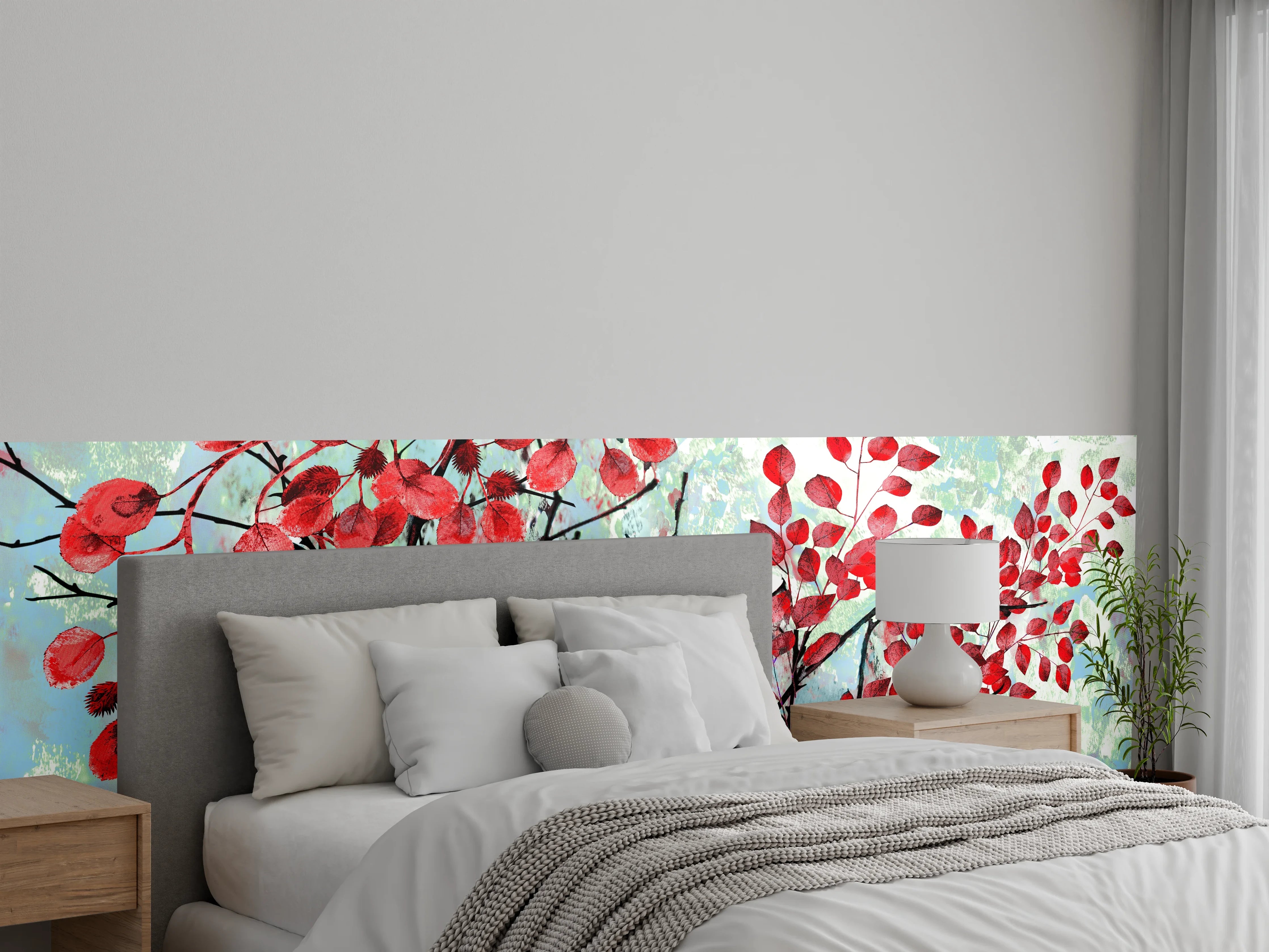 Wandverkleidung Schlafzimmer - Ölmalerei von roten Blättern im Frühling