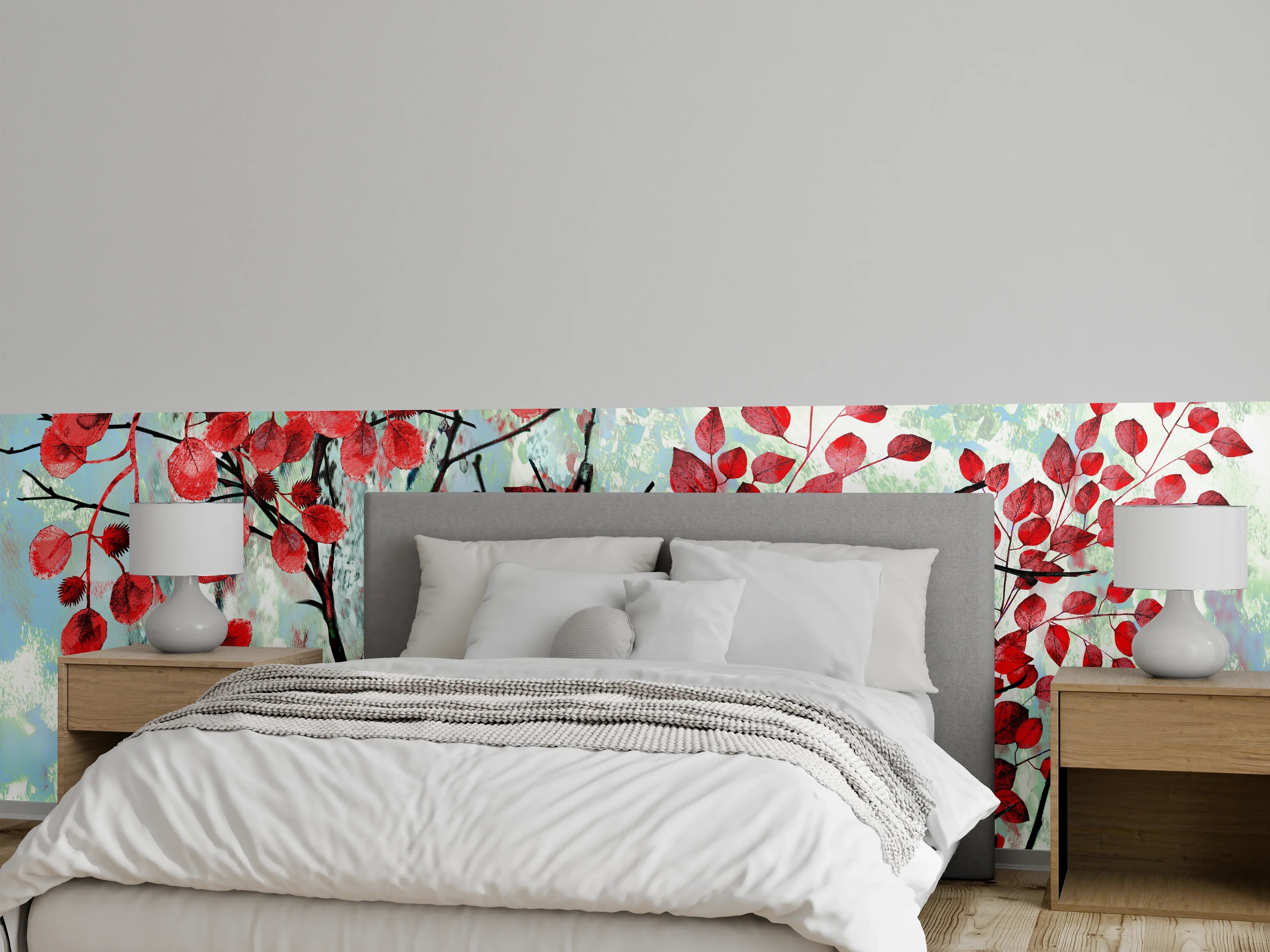 Wandverkleidung Schlafzimmer - Ölmalerei von roten Blättern im Frühling