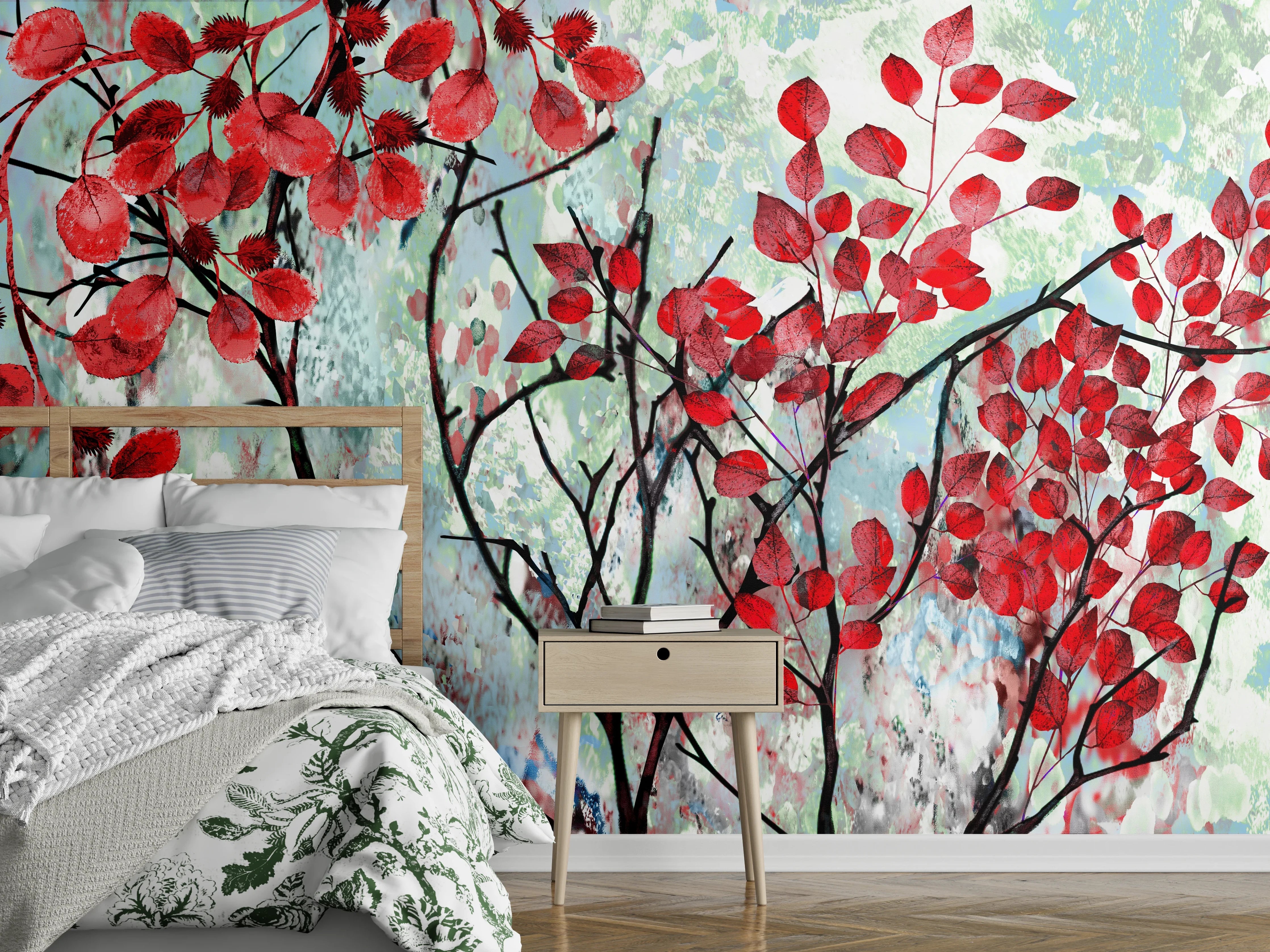 Wandverkleidung Schlafzimmer - Ölmalerei von roten Blättern im Frühling