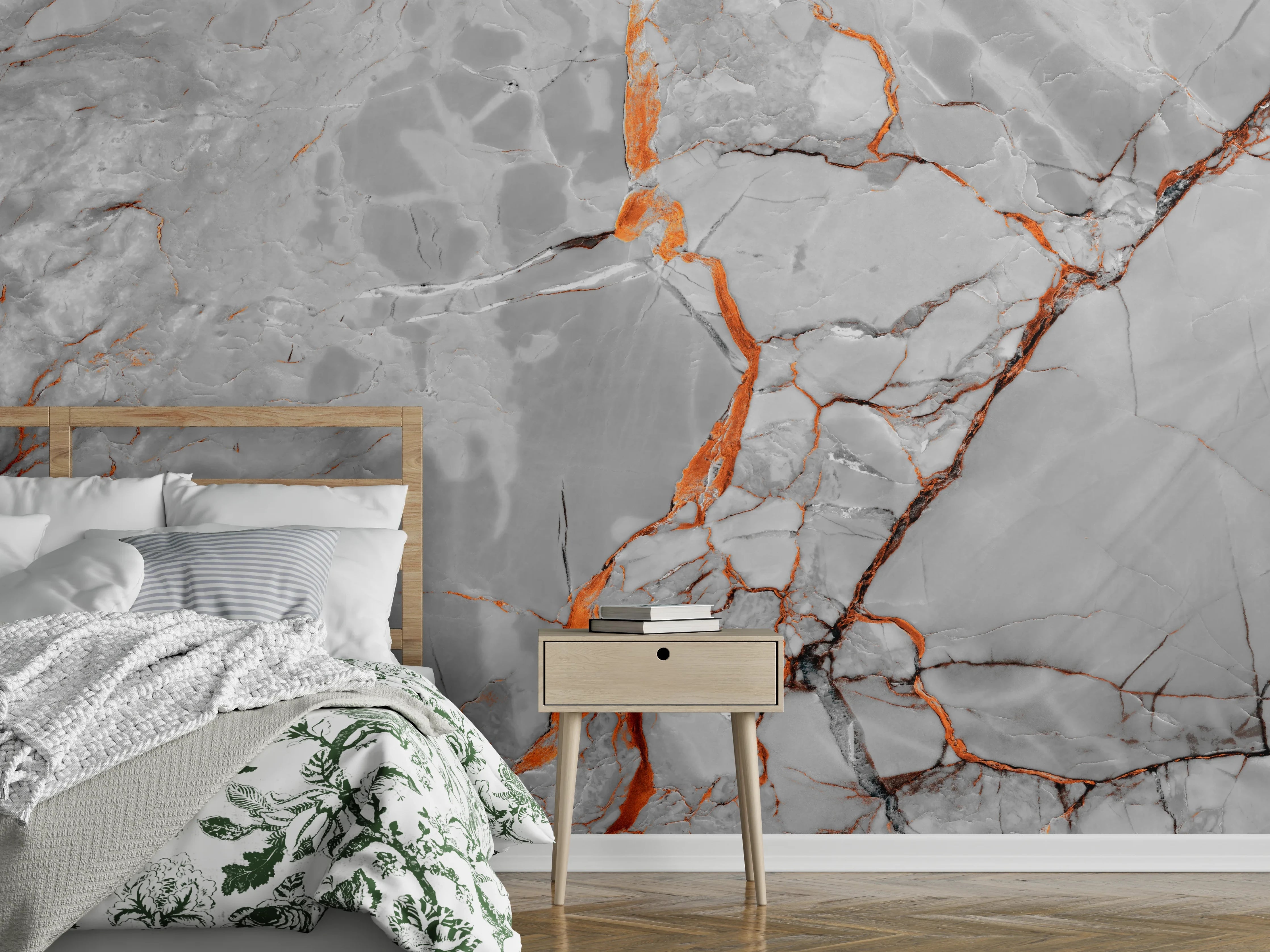 Wandverkleidung Schlafzimmer - Orange-Weiß natürliche Marmortextur