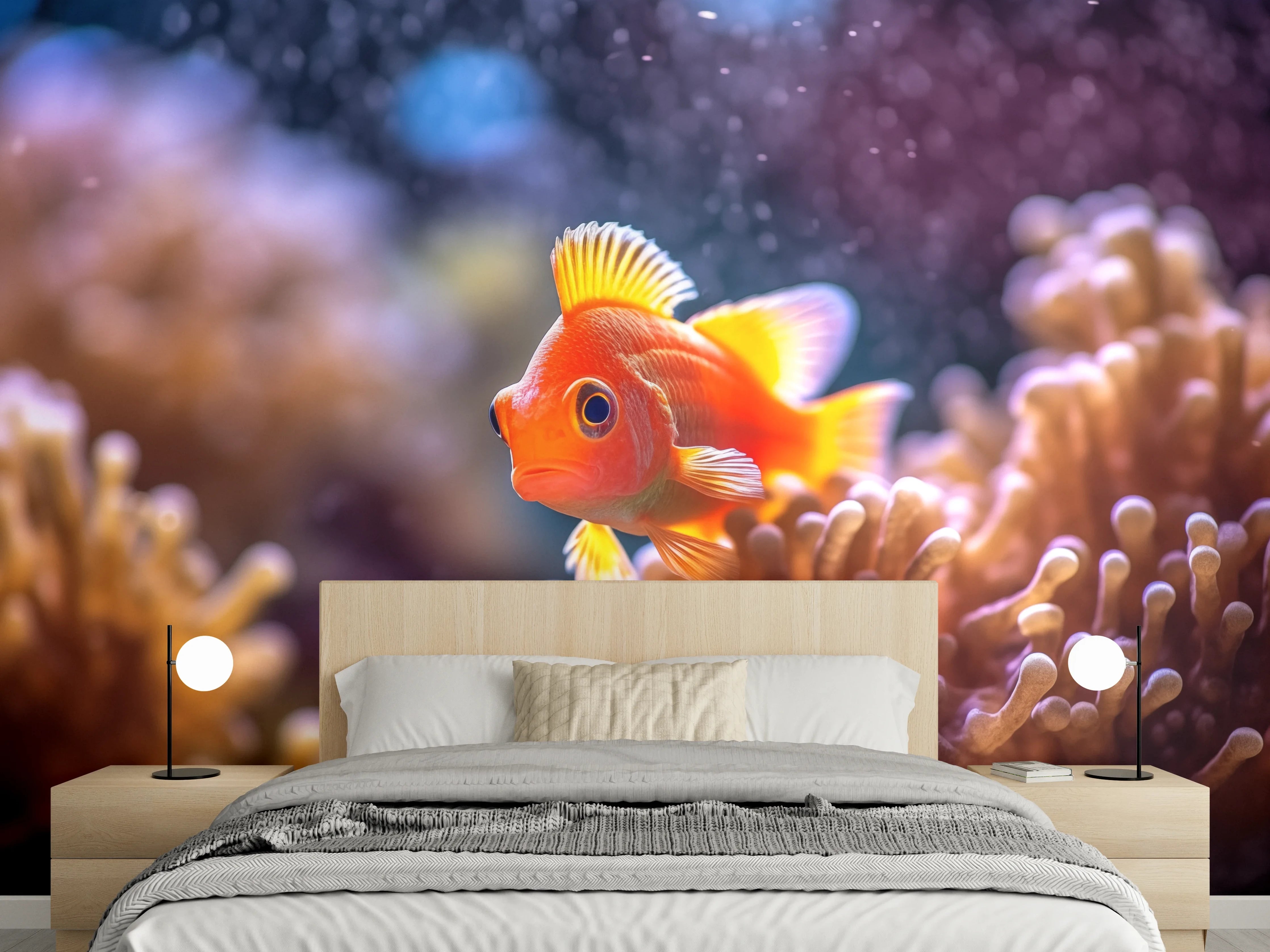 Wandverkleidung Schlafzimmer - Oranger Anemonenfisch im Korallenriff