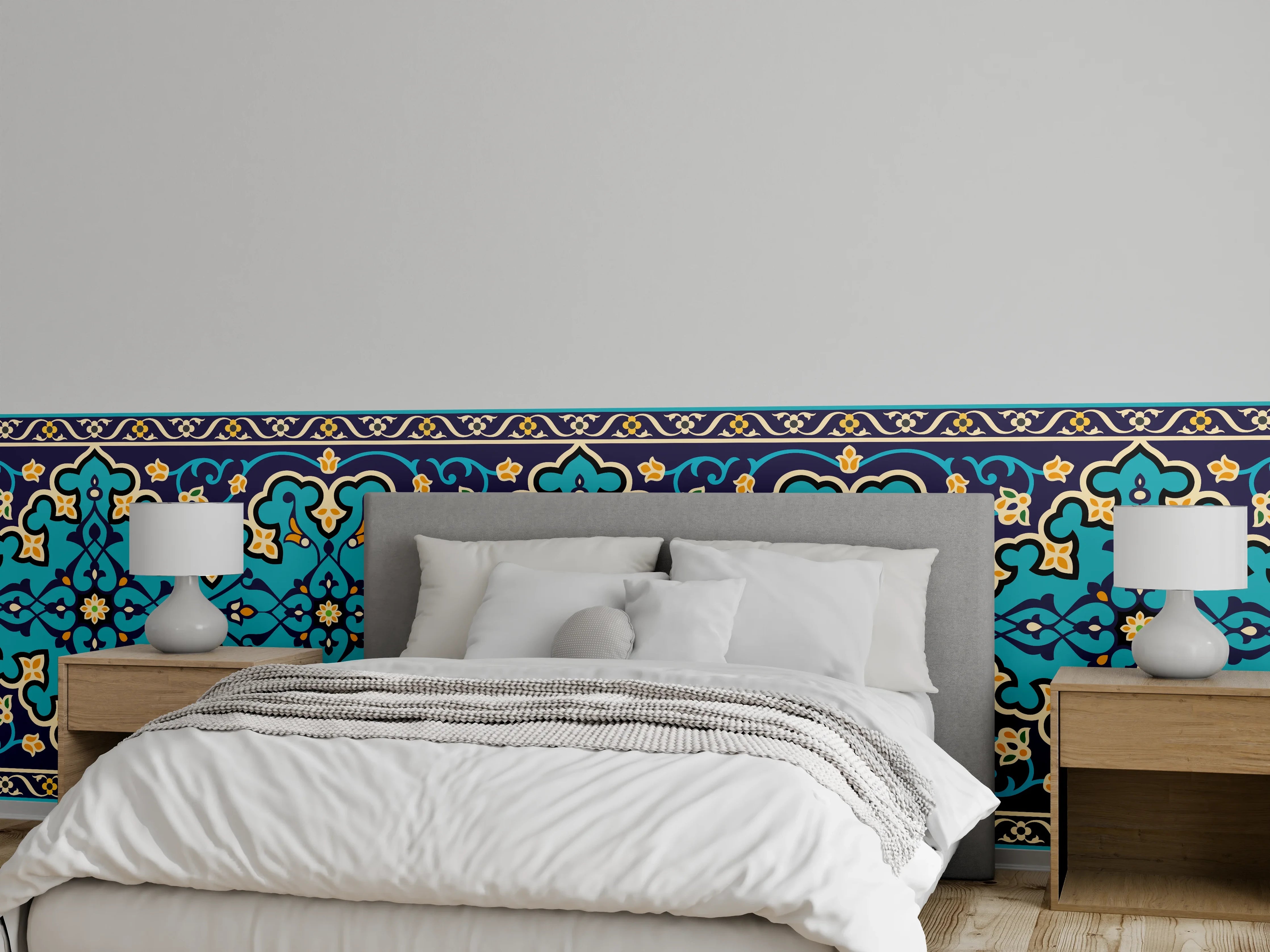 Wandverkleidung Schlafzimmer - Orientalisches Blau-Gold Muster