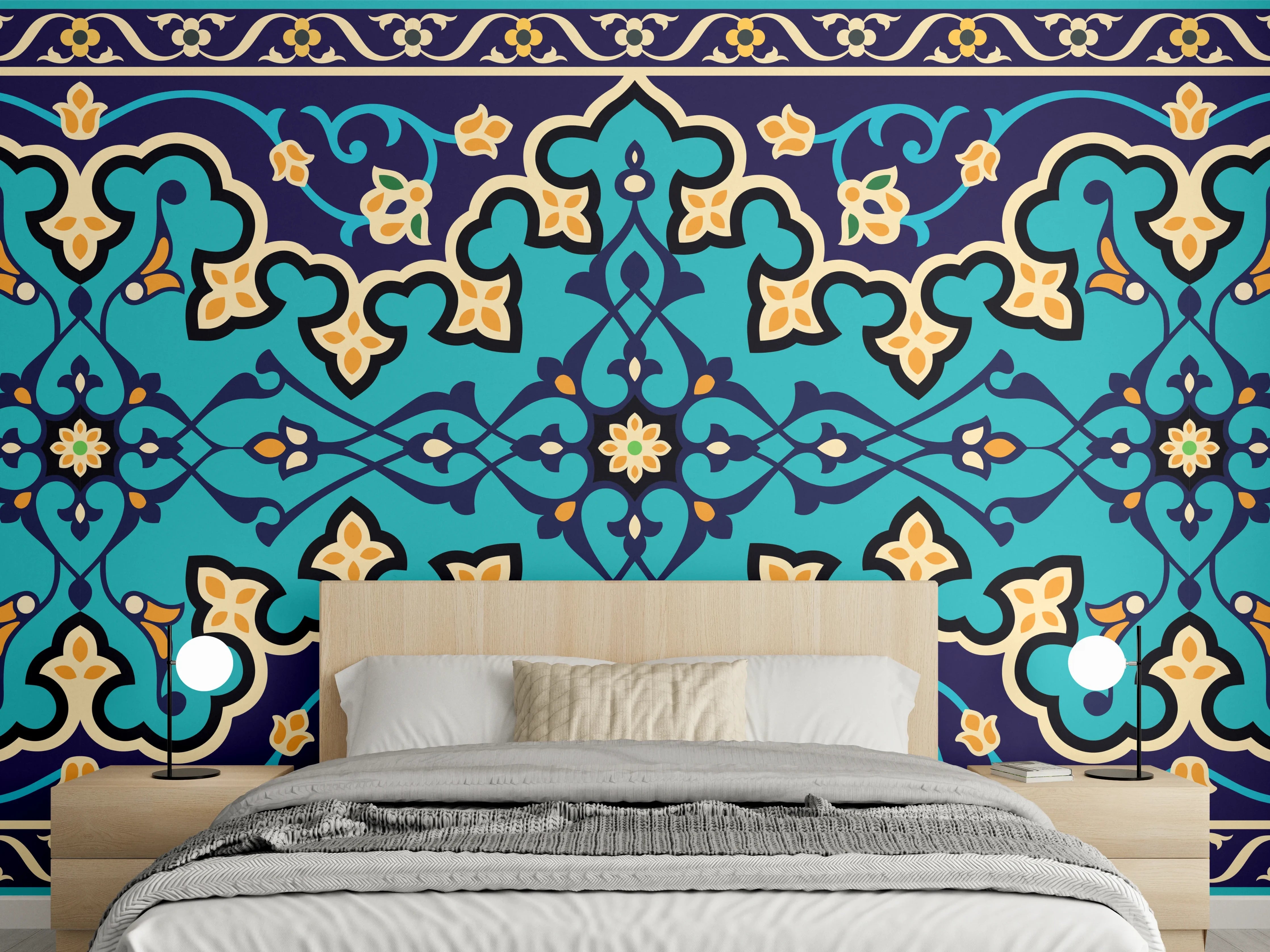 Wandverkleidung Schlafzimmer - Orientalisches Blau-Türkis Muster