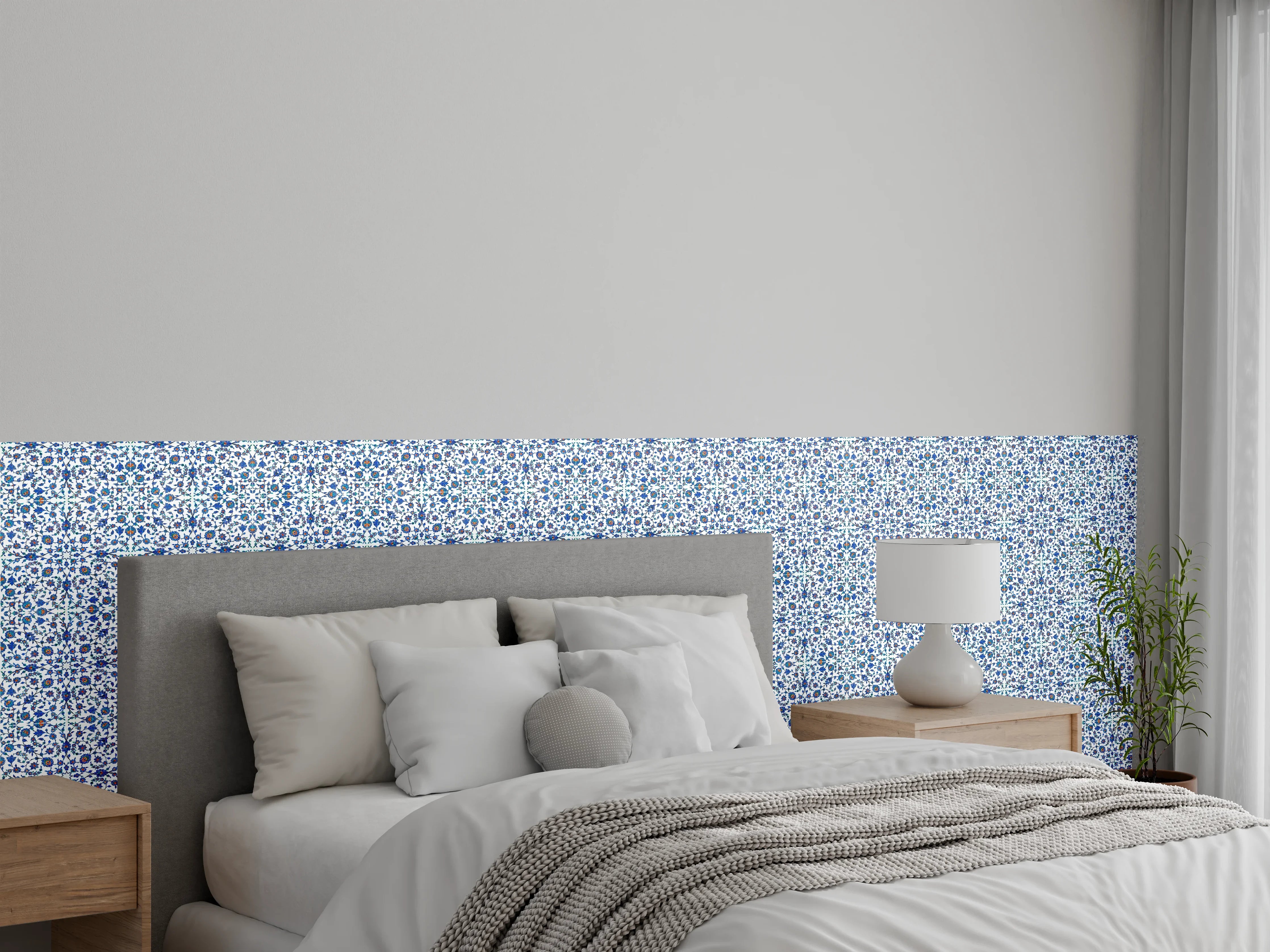 Wandverkleidung Schlafzimmer - Orientalisches Kachelmuster Blau-Weiß