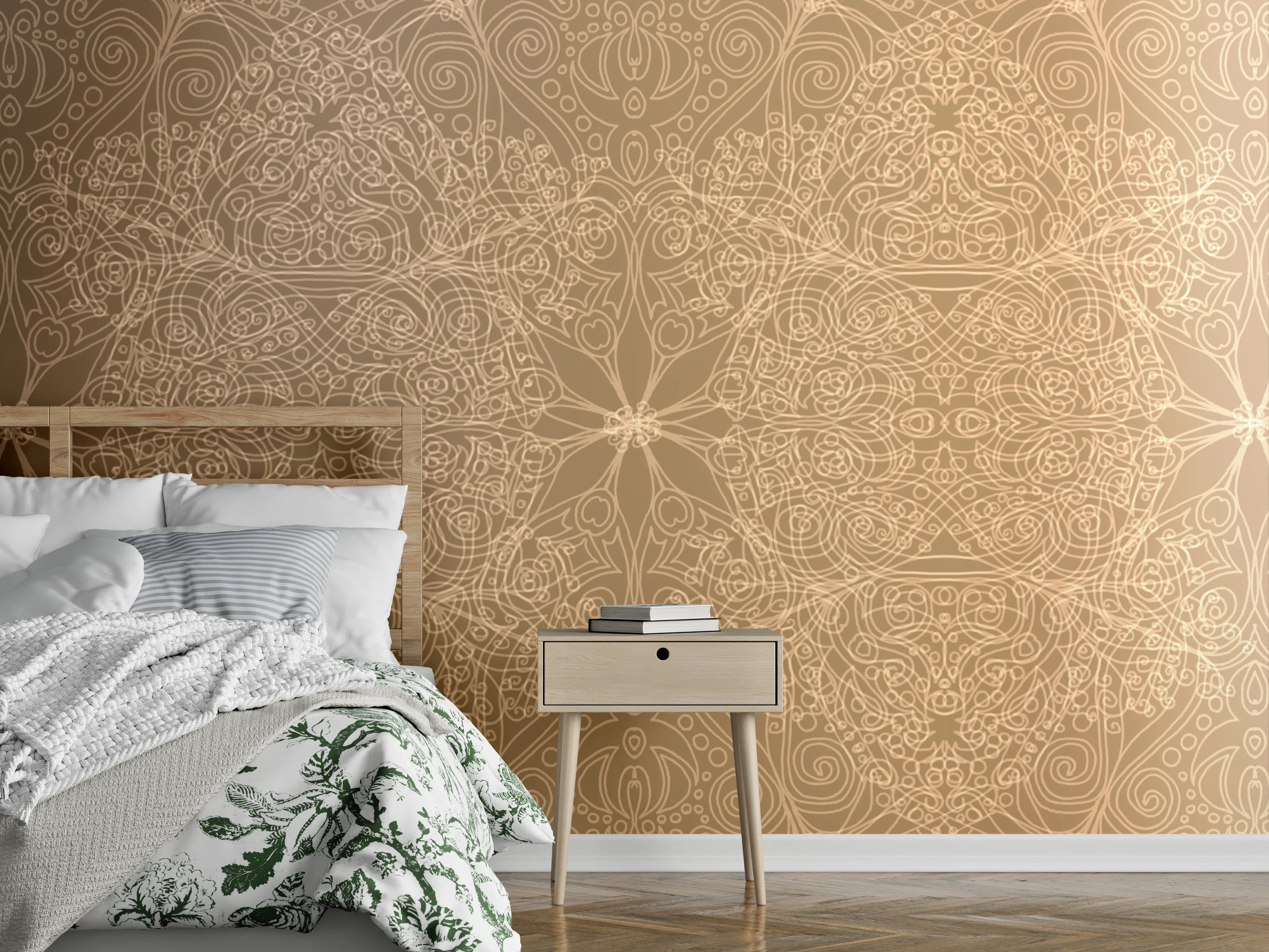 Wandverkleidung Schlafzimmer - Orientalisches Mandala-Muster in Beige