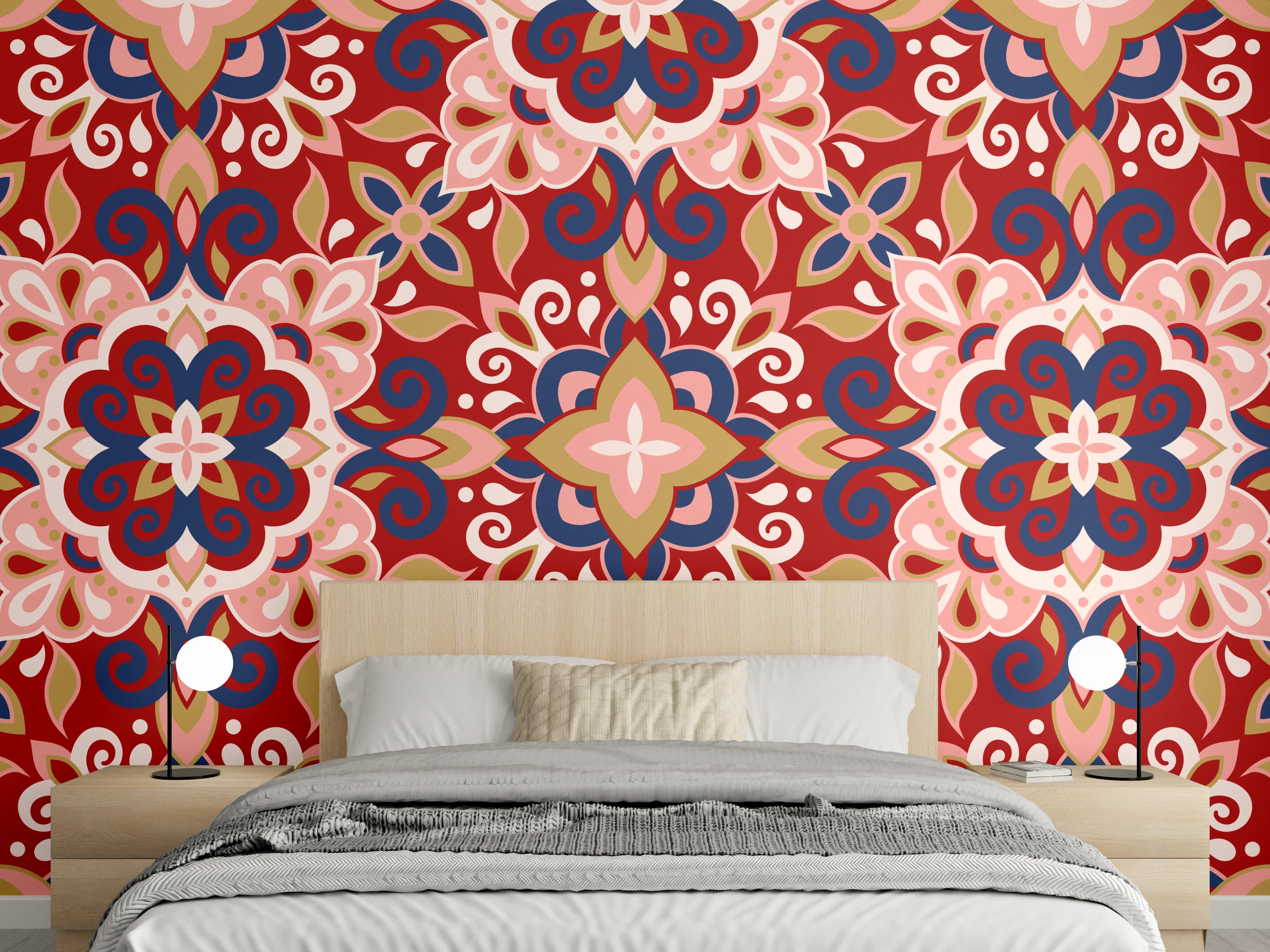 Wandverkleidung Schlafzimmer - Orientalisches Rot-Blau Muster