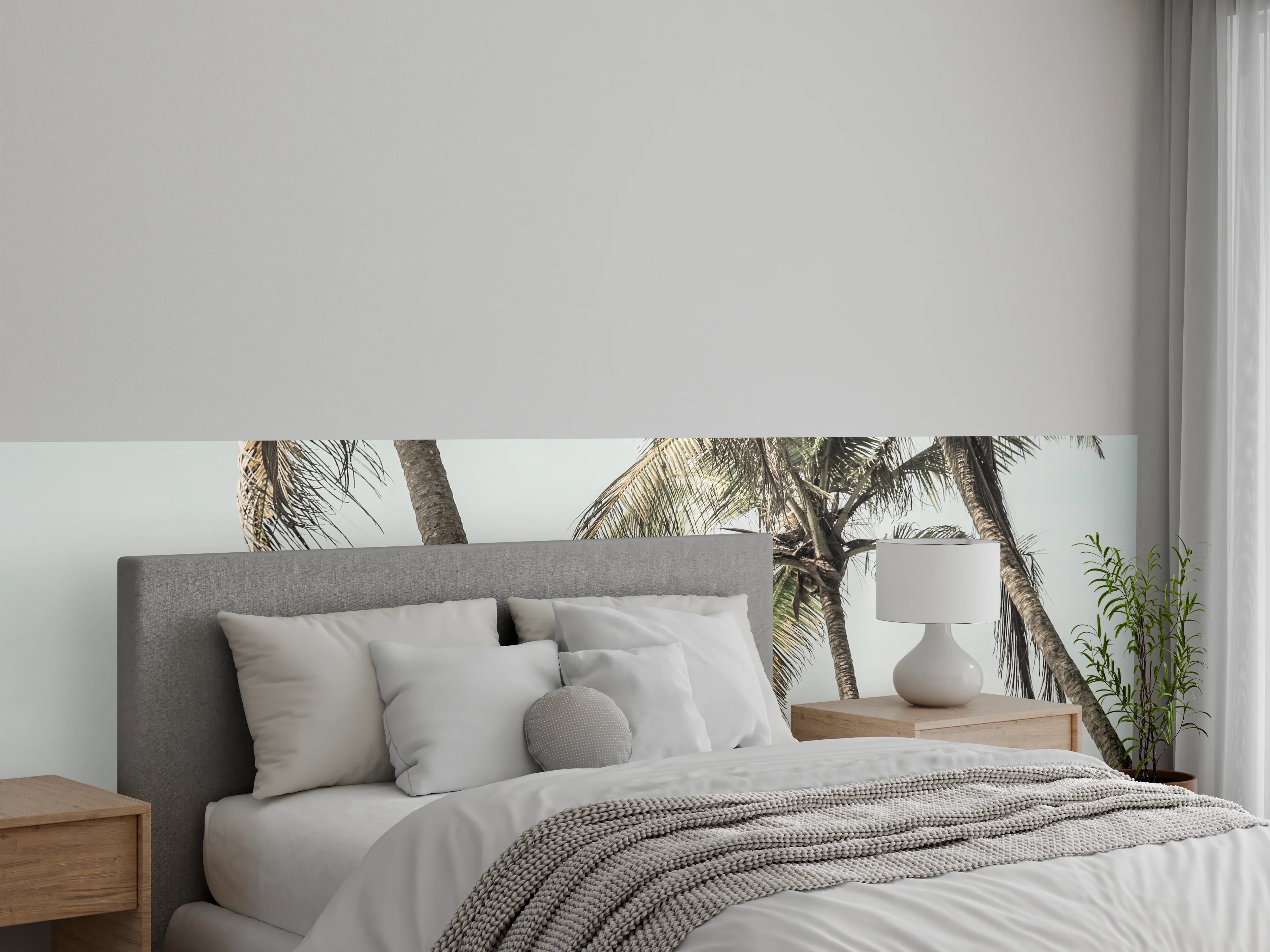 Wandverkleidung Schlafzimmer - Palmen am Strand in sanften Farben