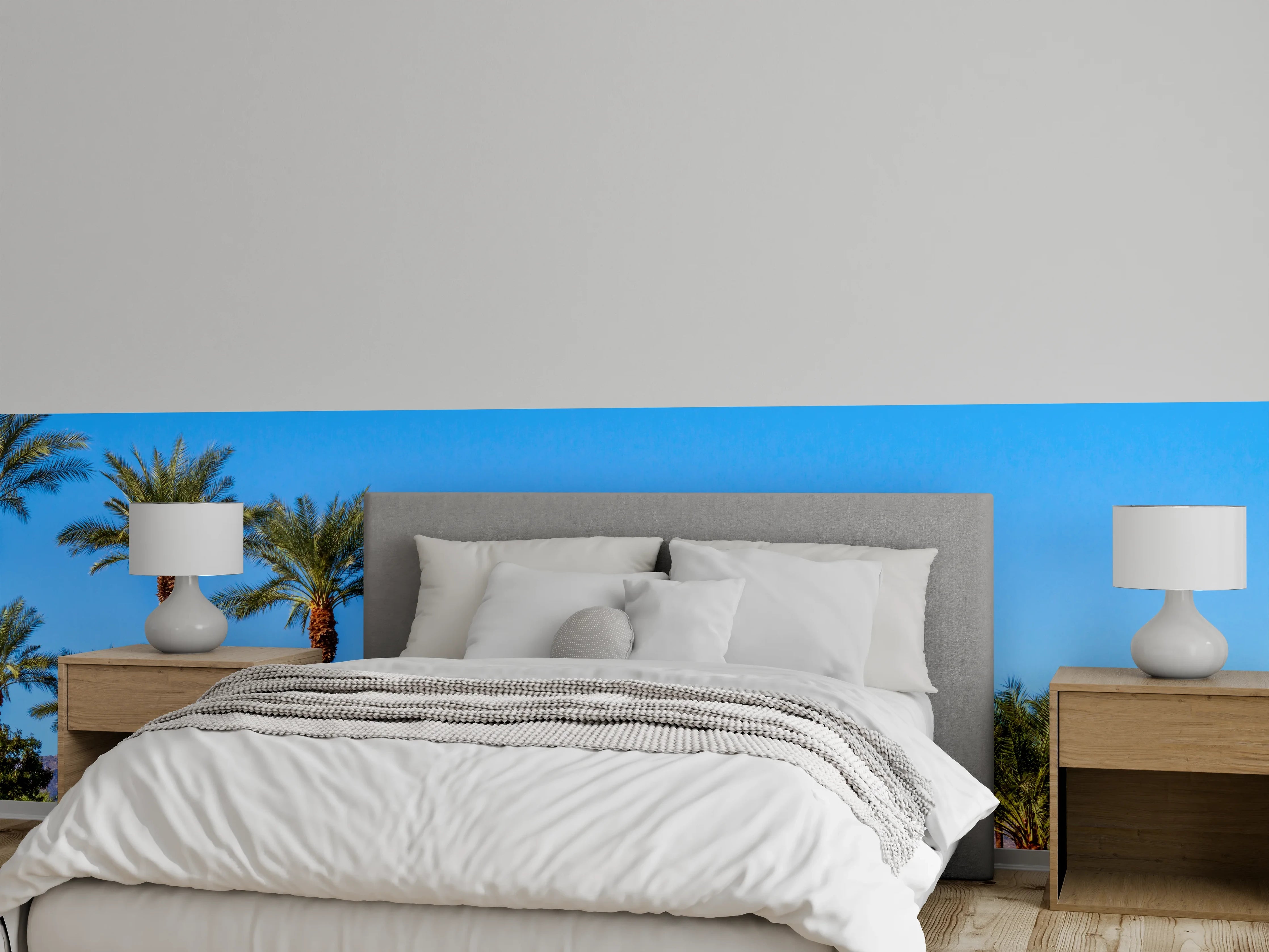 Wandverkleidung Schlafzimmer - Palmen vor Bergkulisse und blauem Himmel