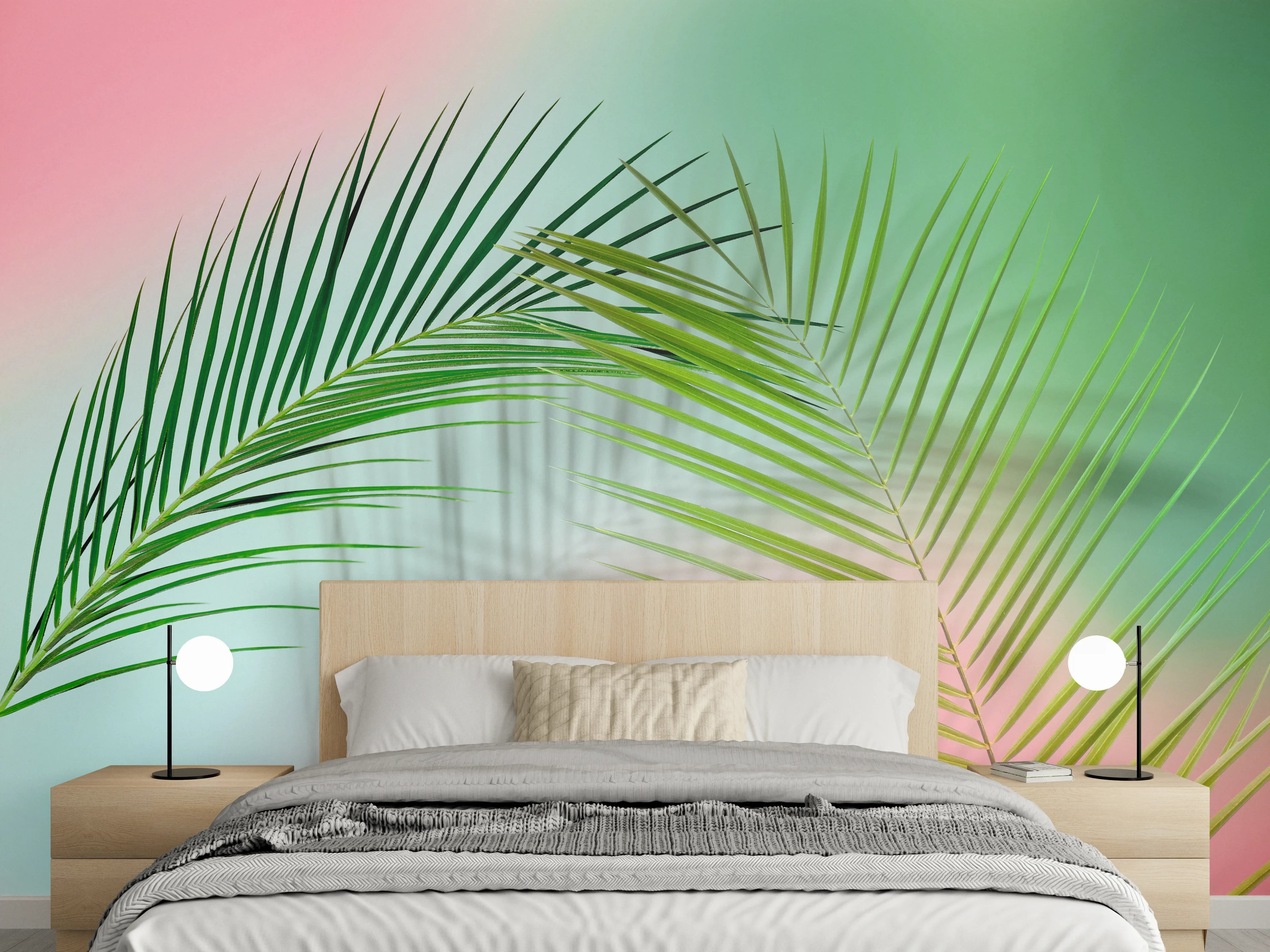 Wandverkleidung Schlafzimmer - Palmenblätter auf sanften Pastellfarben