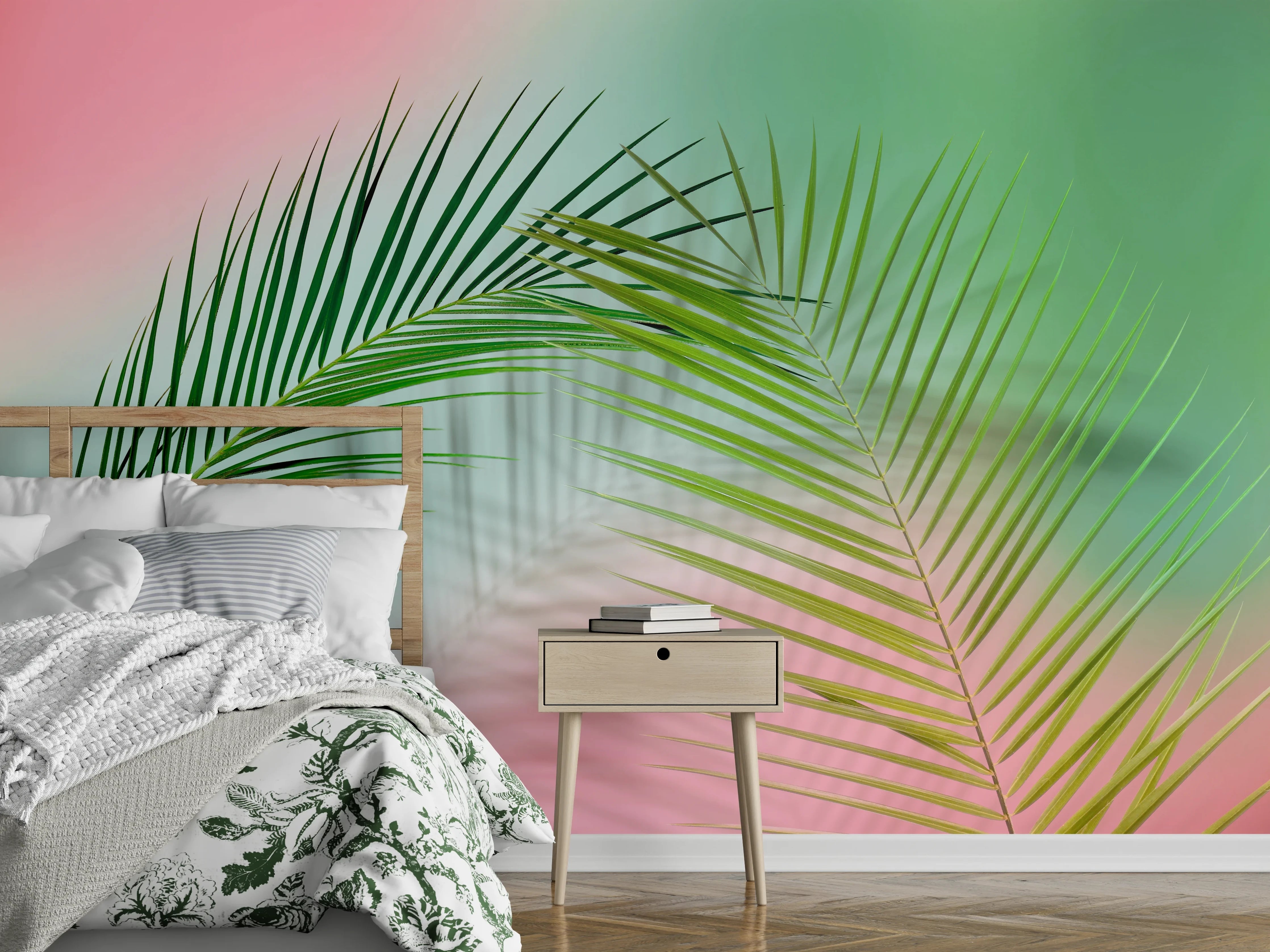 Wandverkleidung Schlafzimmer - Palmenblätter auf sanften Pastellfarben